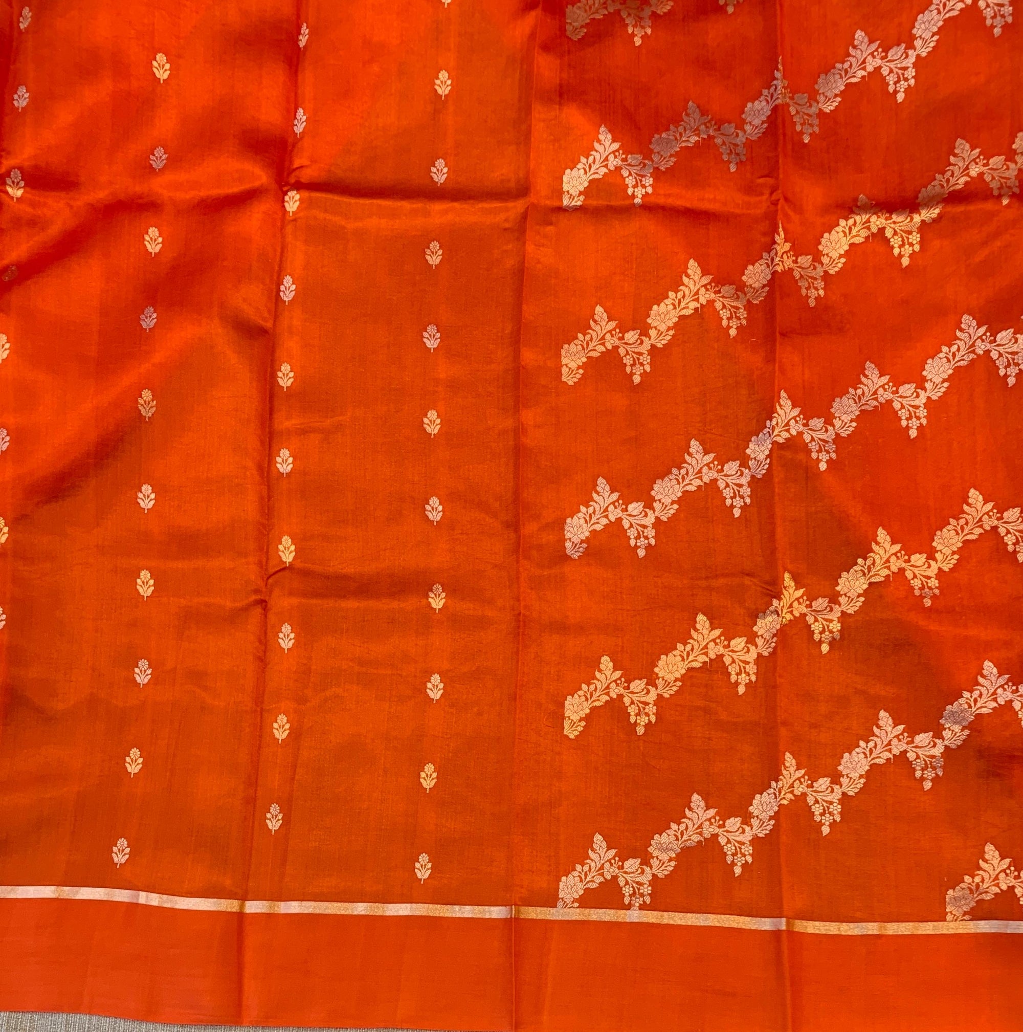 Orange Raw Mangoe Silk Saree in half and half style
