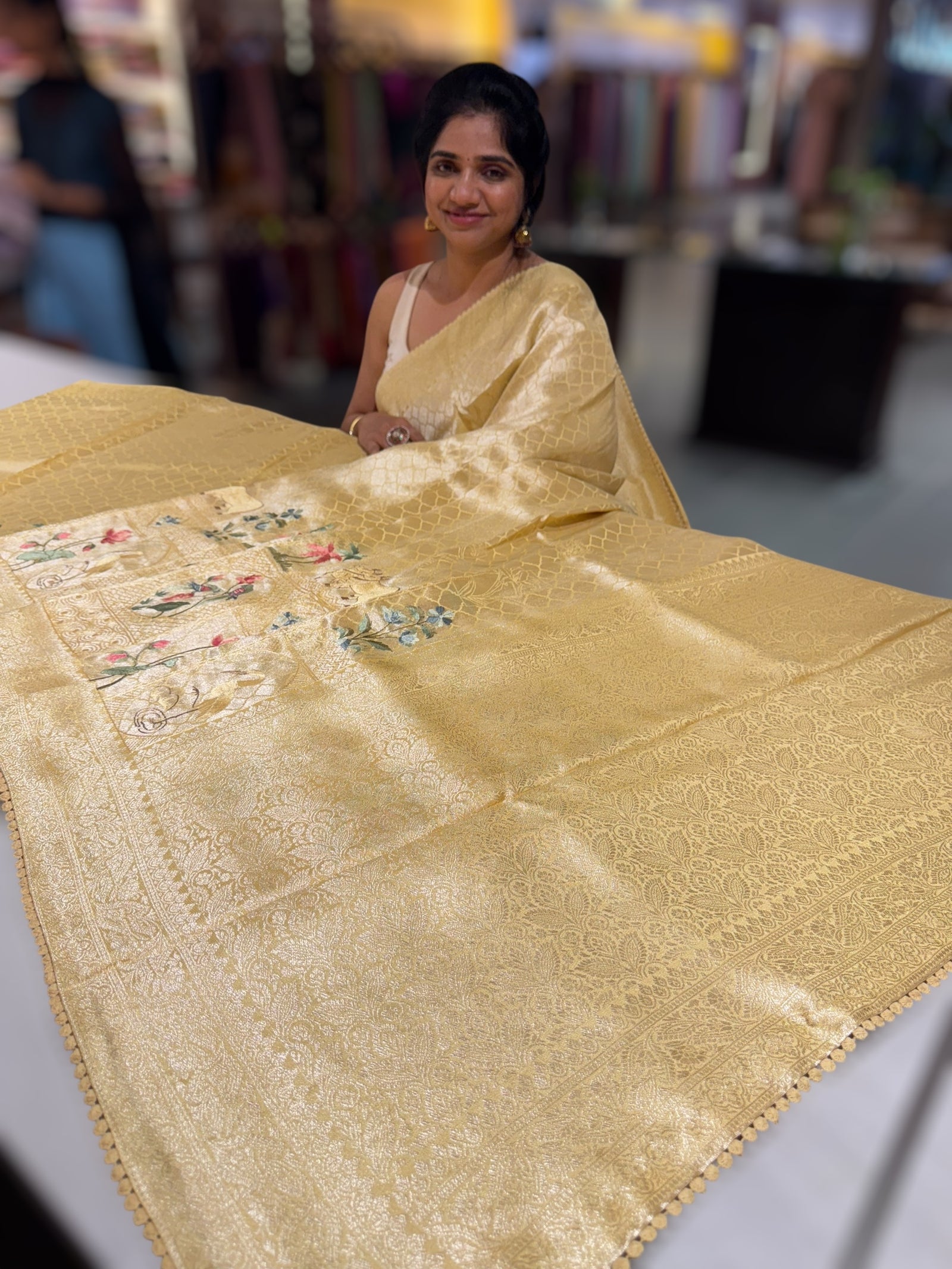 Pastel Yellow Fancy Banarasi saree with embroidery