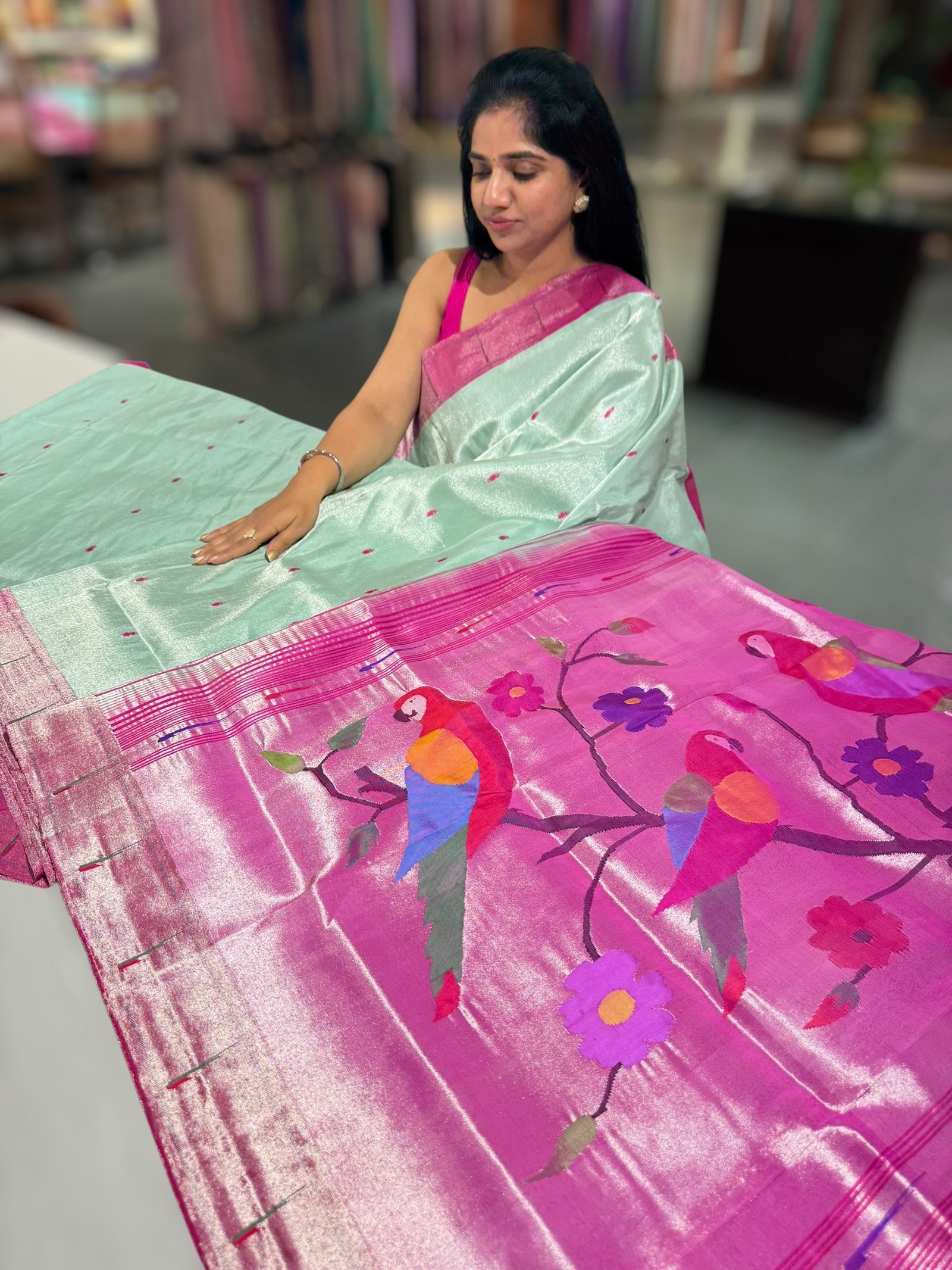 Mint Blue Pure handloom paithani tissue  saree