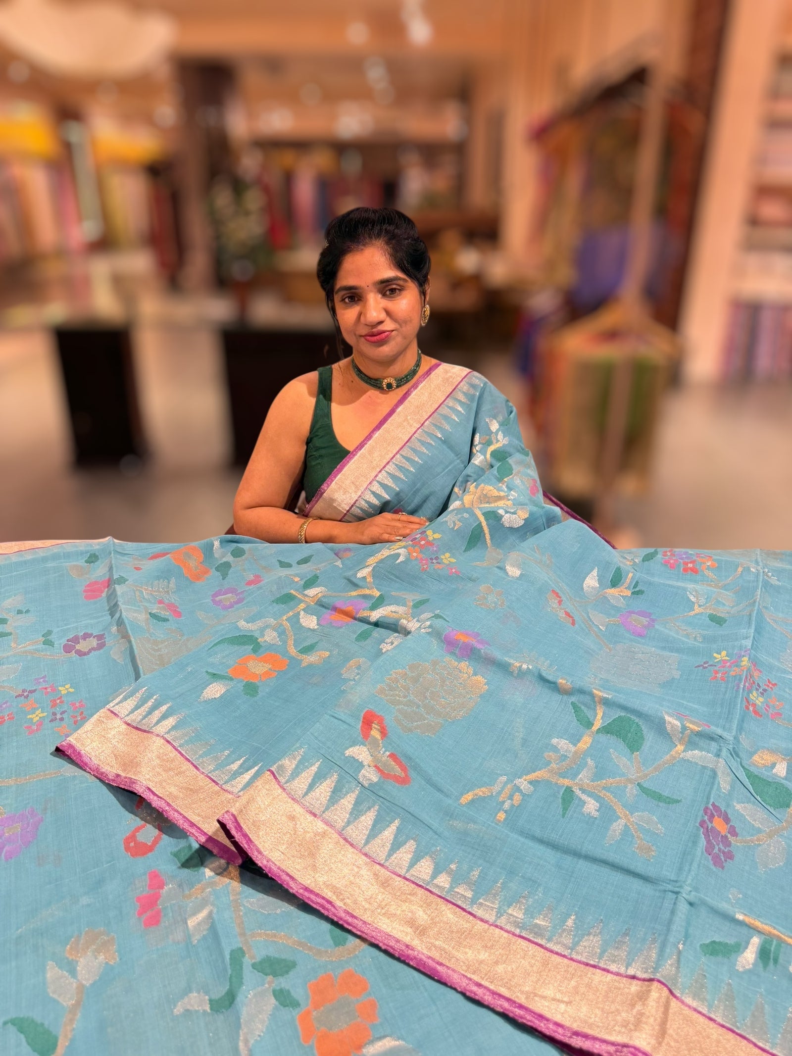 Blue Ponduru Khadi Jamdani Allover Meenkari Weaving Saree