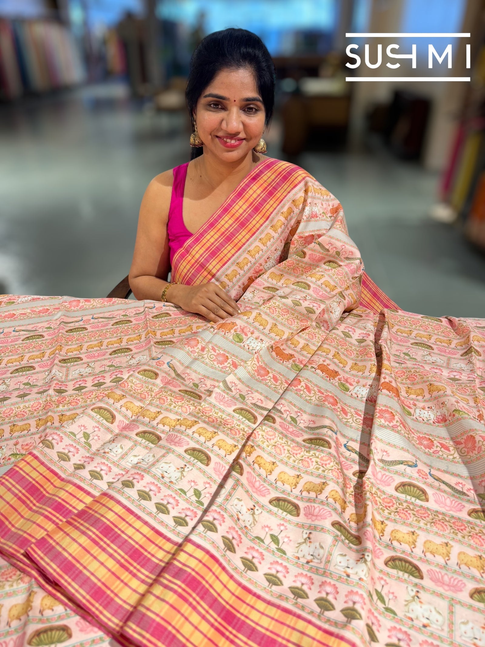 Pastel Pink printed soft silk saree with burberry checks border : D62F036