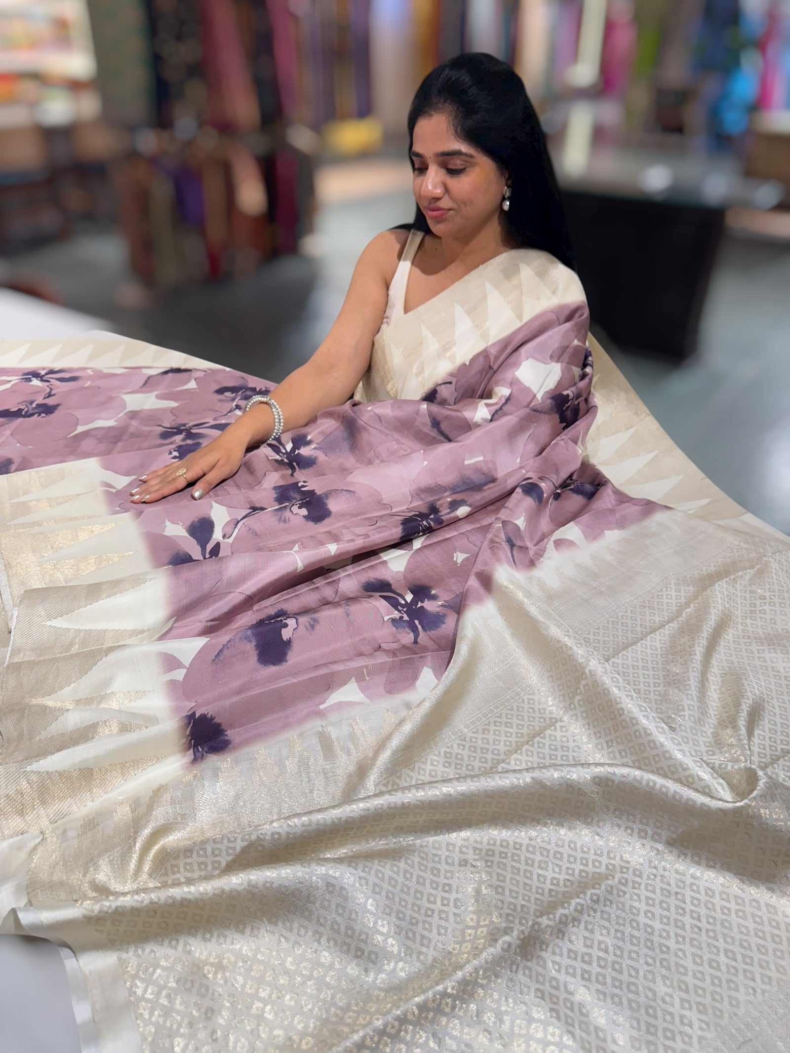 Kanchi soft silk Designer printed saree with temple border