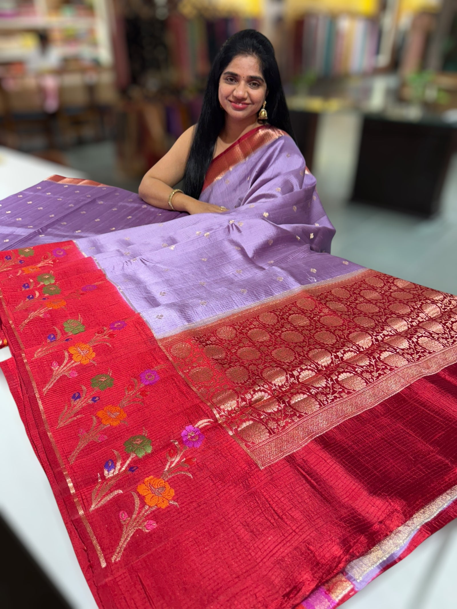 Lilac & Red Poona silk saree