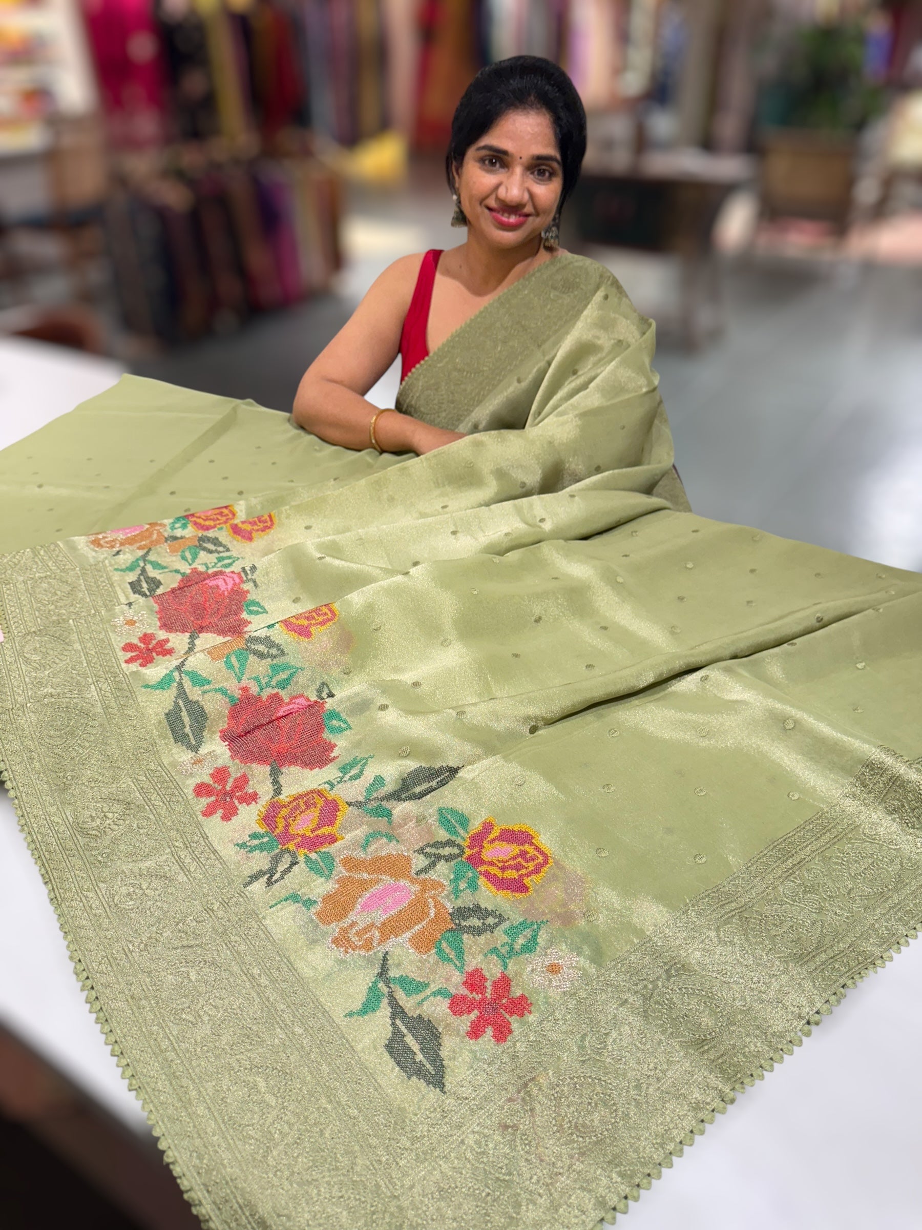 Dhaara : Dusty Green Tissue Gorgette Saree