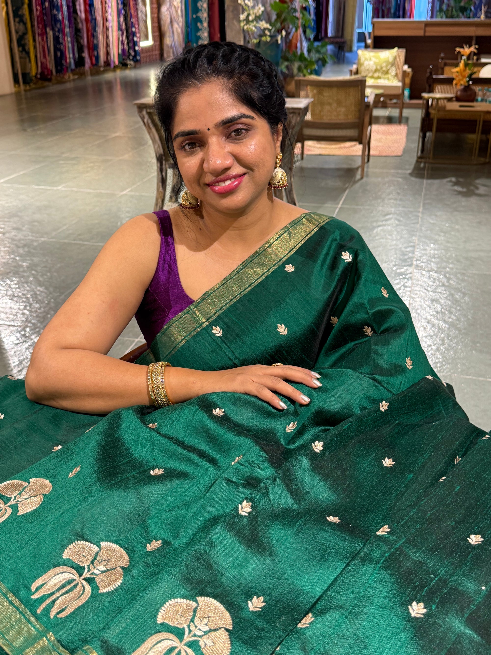 Bottle Green Handloom Raw Silk Saree
