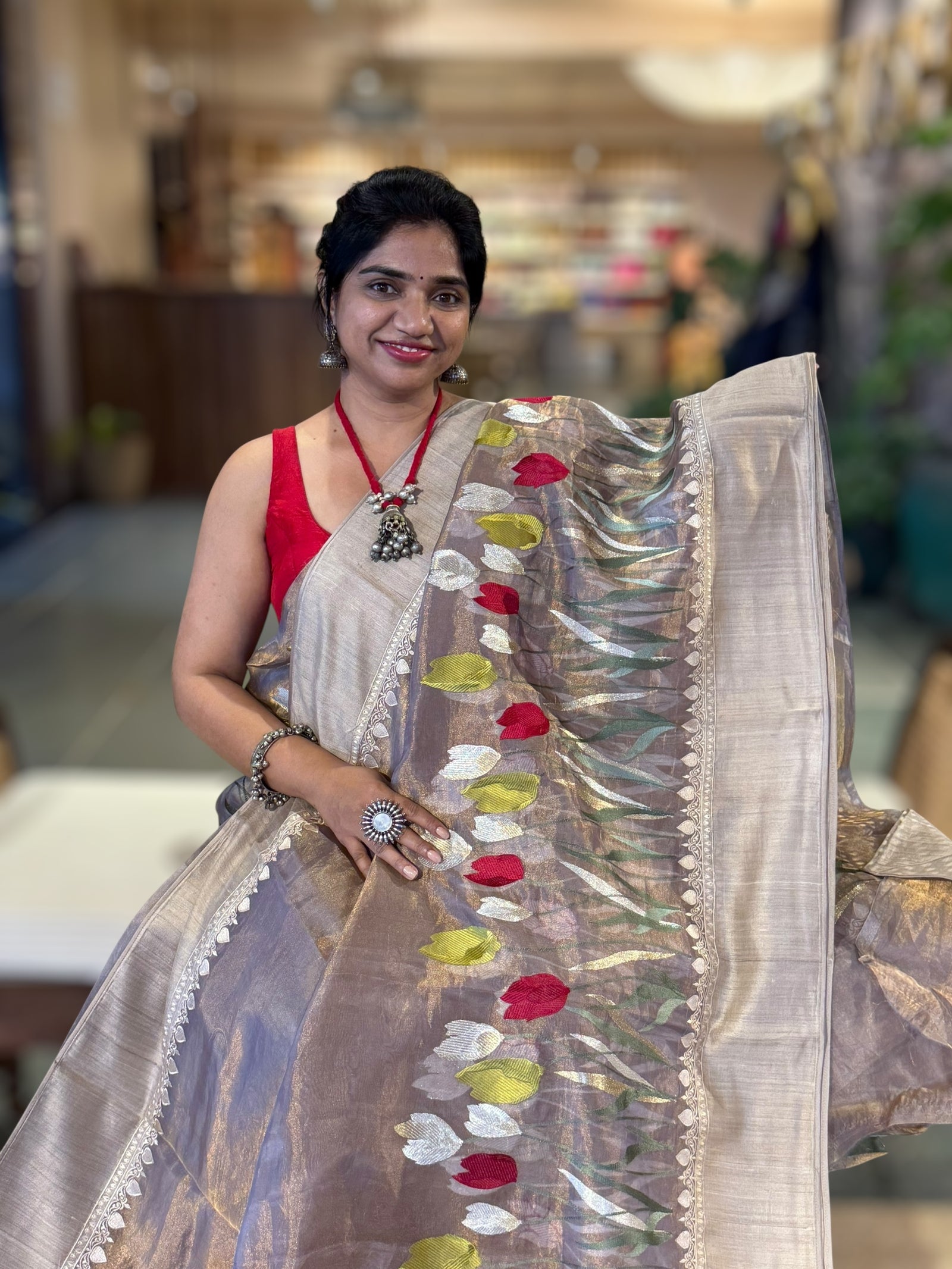 Mauve Designer Handloom Tissue Saree With Tulip embroidery