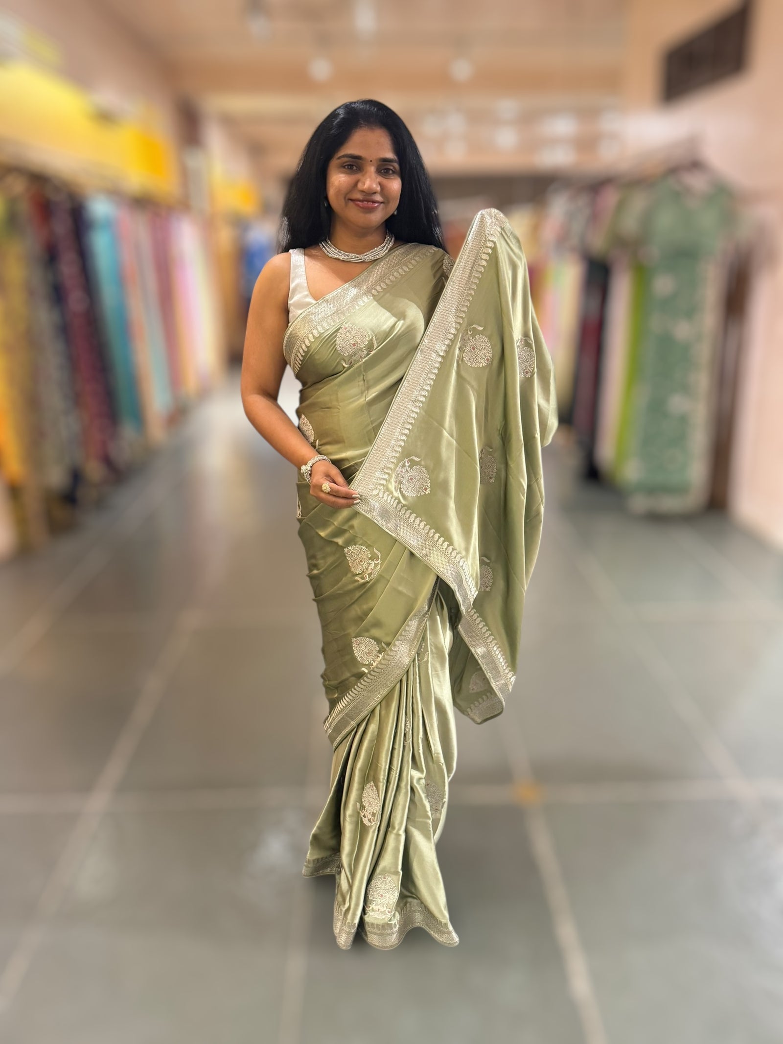 Dark Pista Satin Saree with Embroidery.
