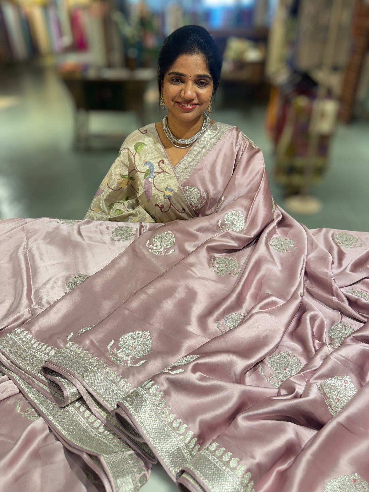 Dusty Pink Pure Satin Saree with Embroidery.