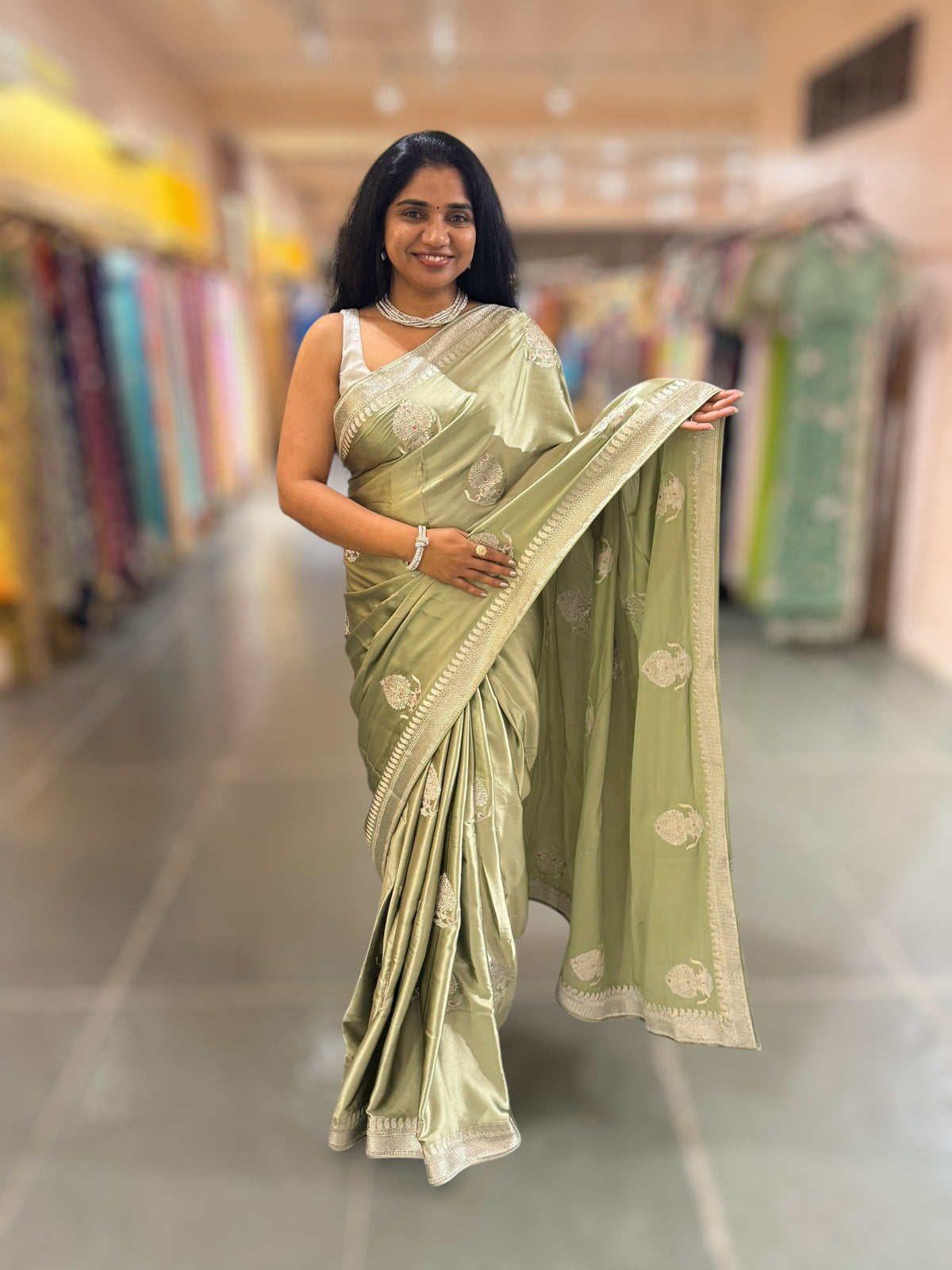 Dark Pista Satin Saree with Embroidery.