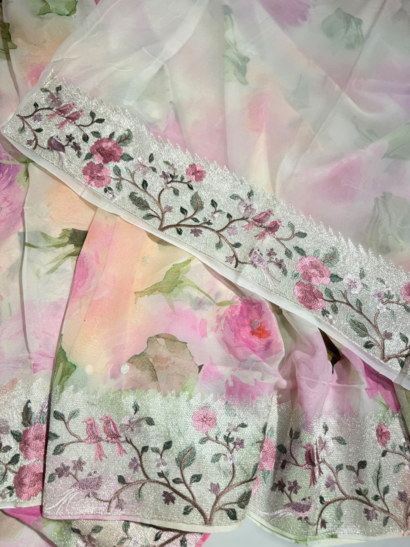 Ivory  Printed georgette Saree With Tissue Embroidered Border