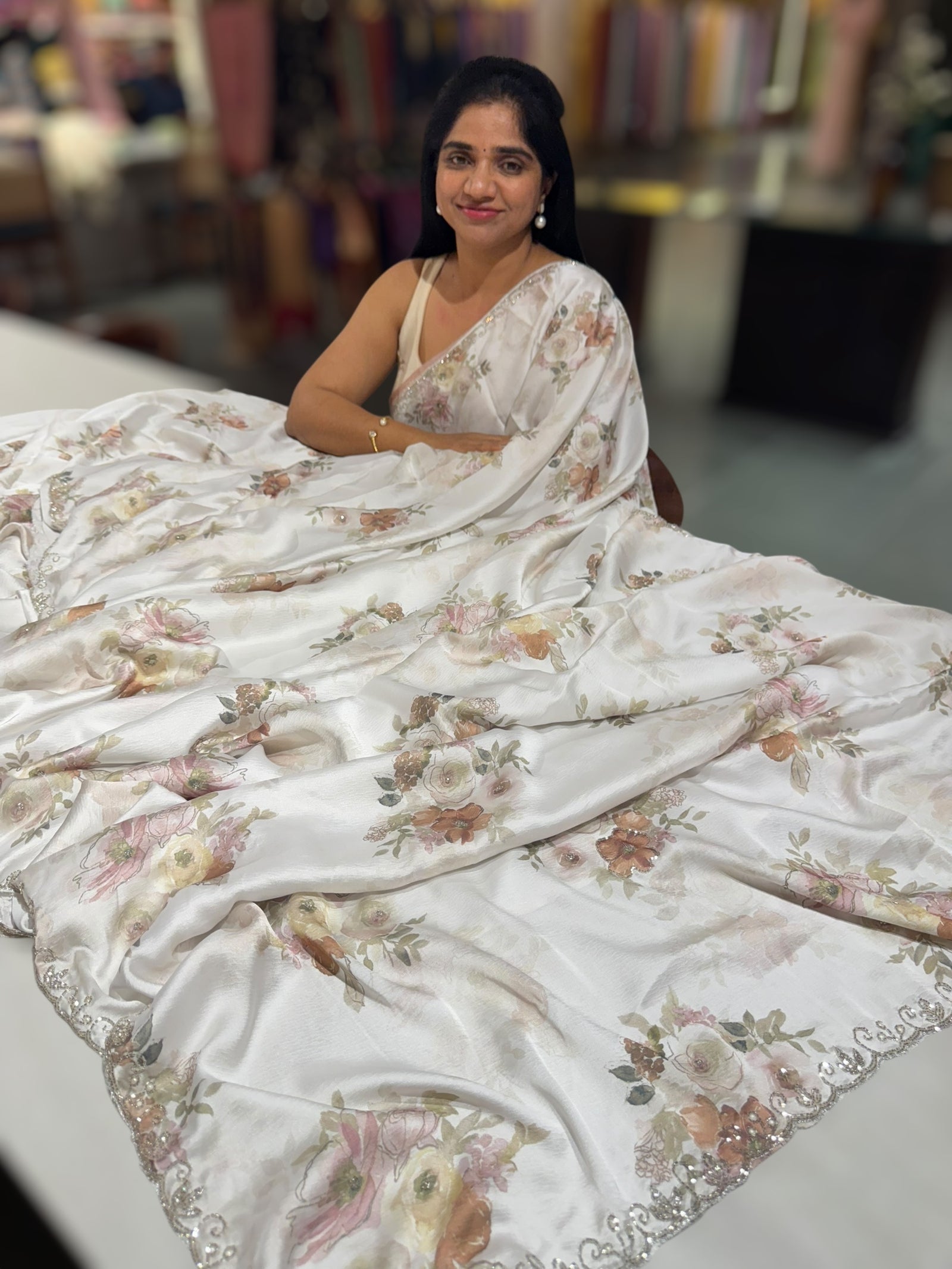 White Pure chinnon crepe printed saree with handwork border