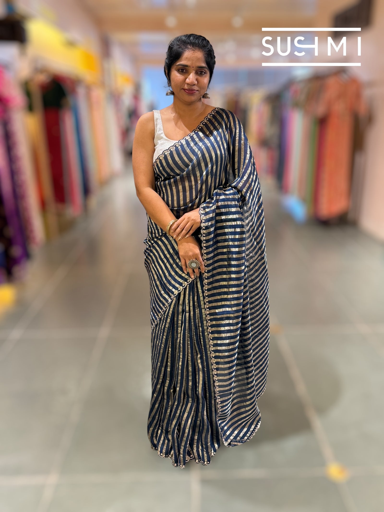 Midnight blue Mul tissue stripes saree with fusion blouse : D62134