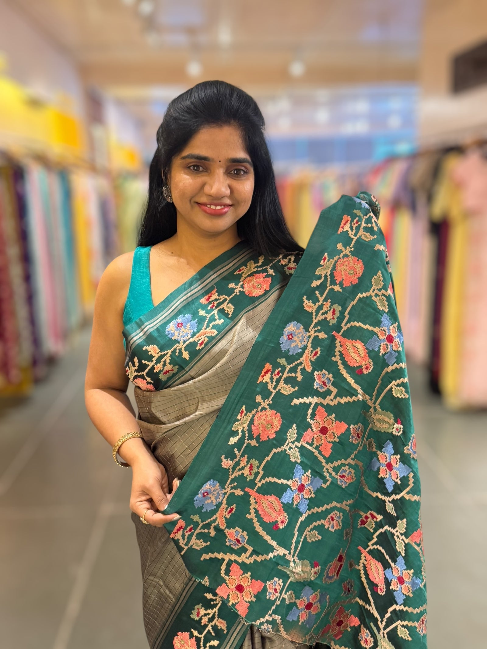 Dusty Grey & Teal Vintage Kanchi soft silk saree with embroidery