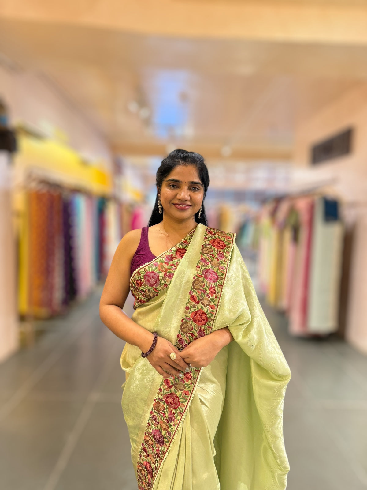 Mint Green Banarasi Brocade tissue saree with tonchui style weaving and parsi gara embroidered border