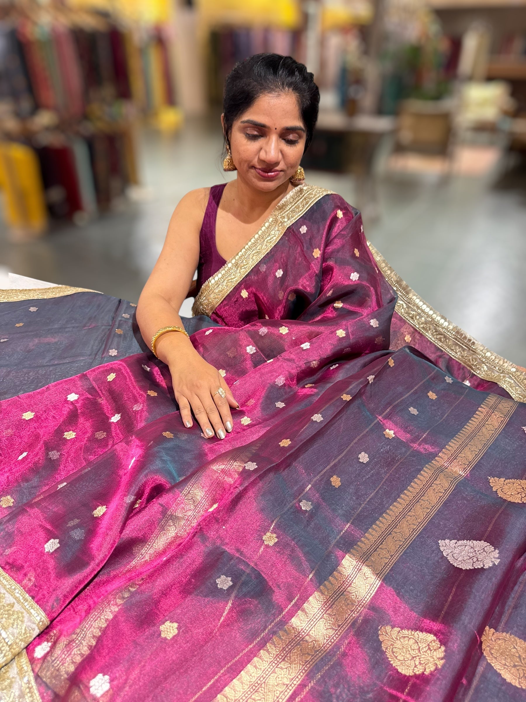 Wine Pure handloom Banarasi Tissue saree