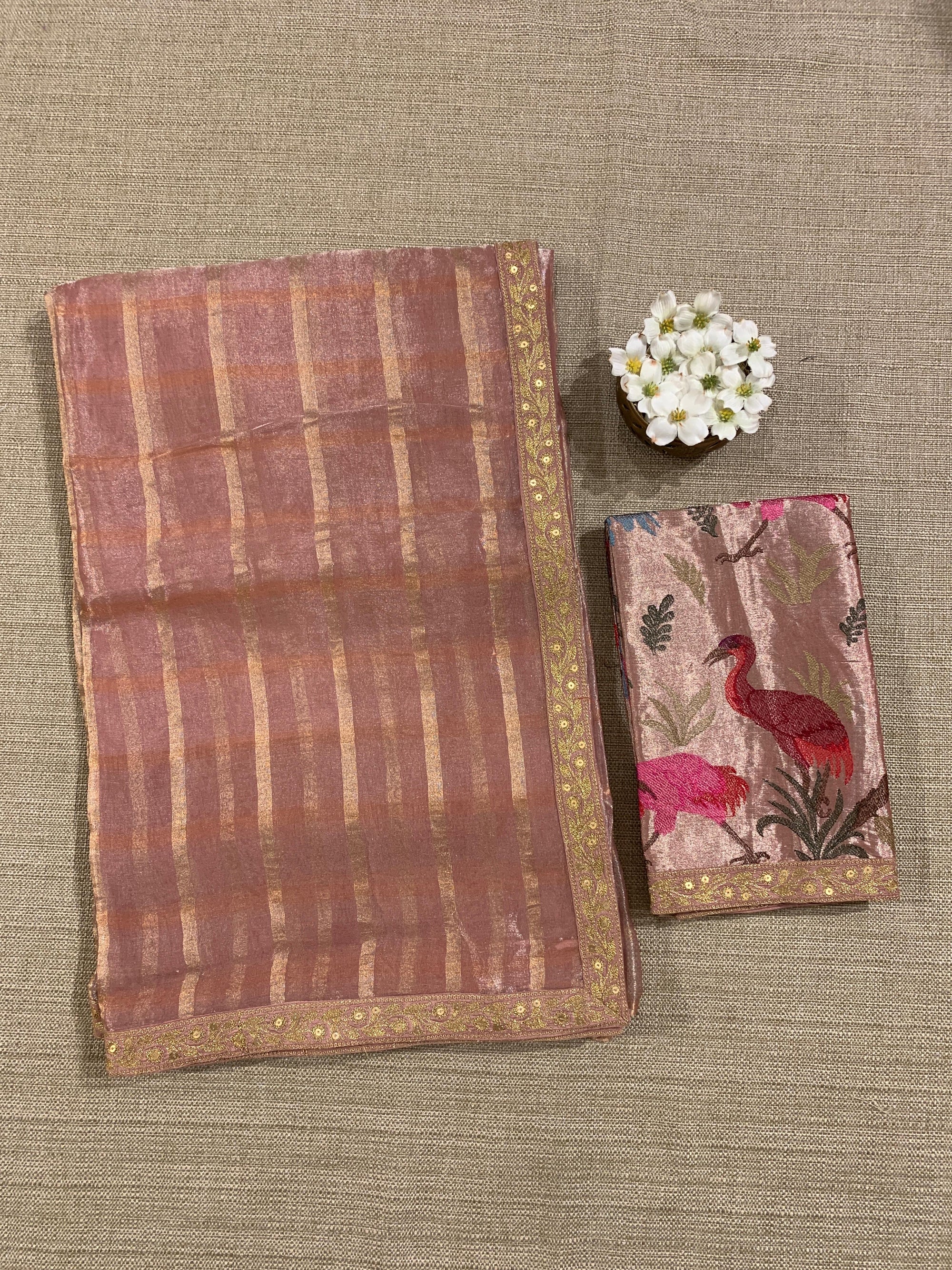 Peach Pink Banarasi Tissue checks Saree with Sabyasachi Borders
