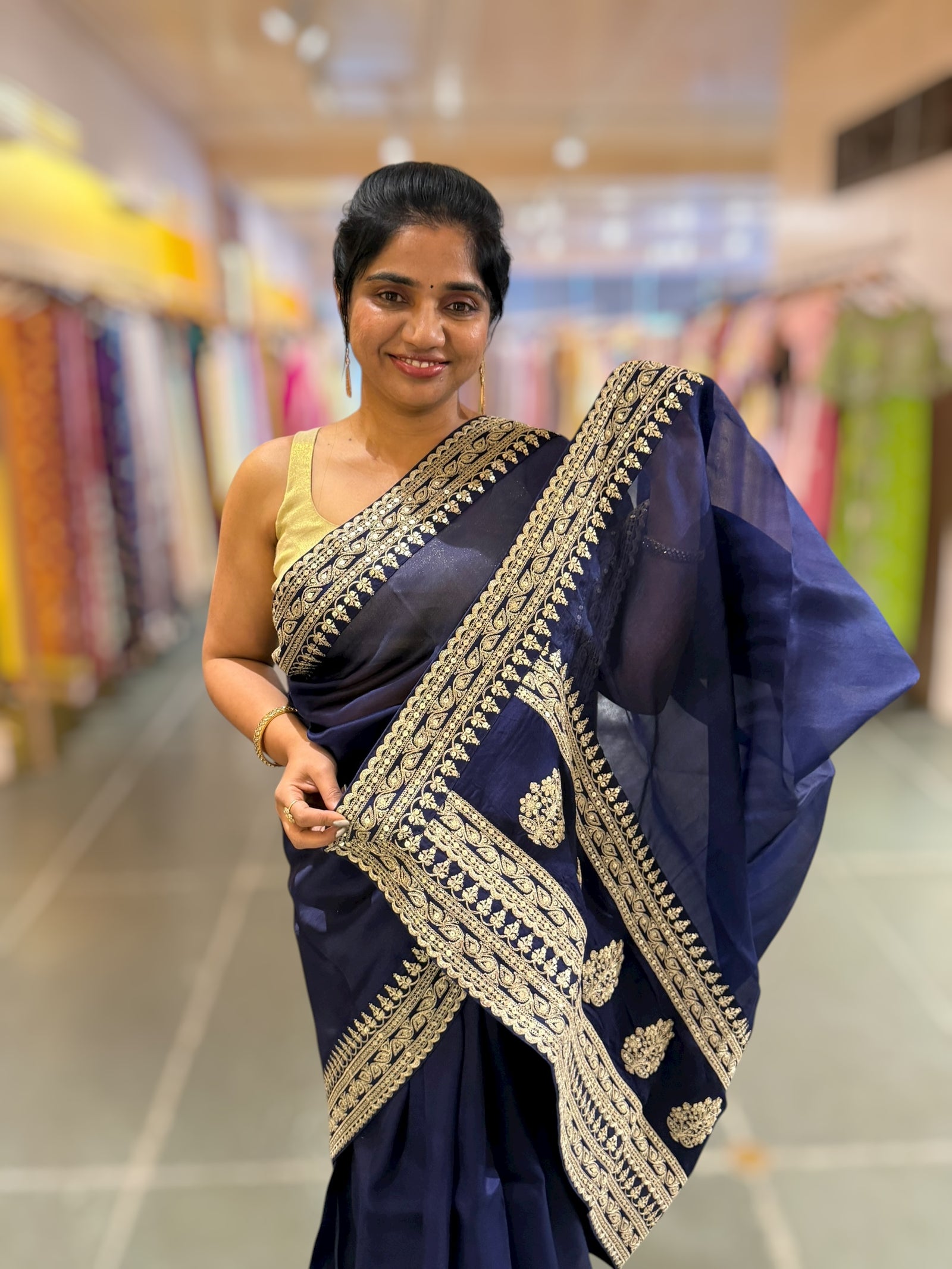Navy Blue Pure Organza Saree with sabyasachi borders and blouse