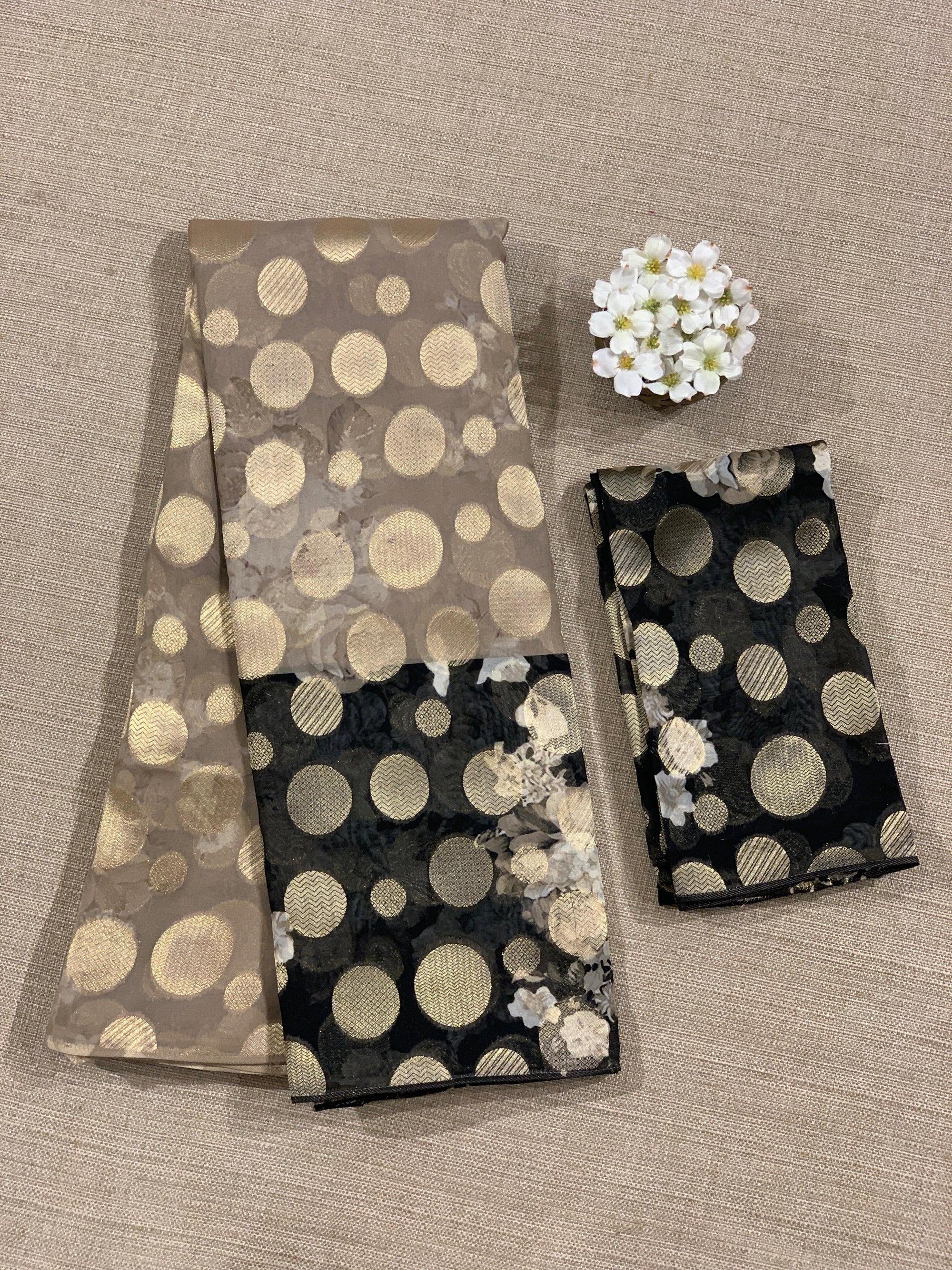 Chikoo Banarasi Kora Gorgette Polka dot Printed Saree