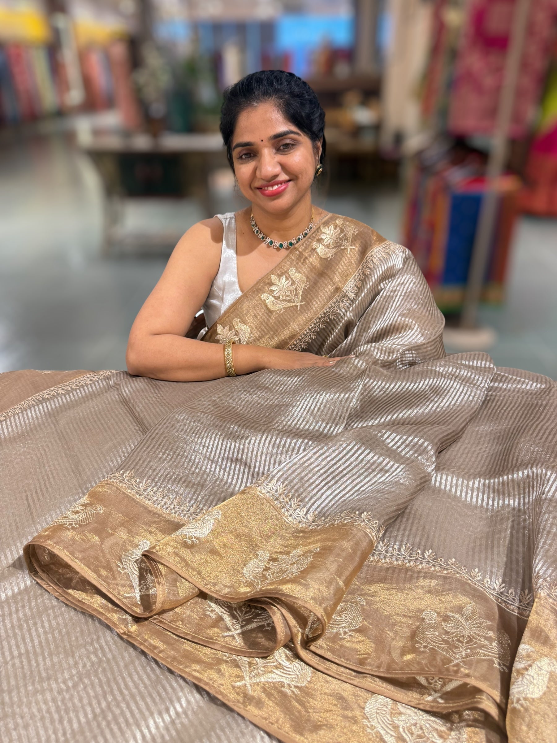 EarthyTone Kora tissue silver stripes Saree with double parrot  embroidered tissue border