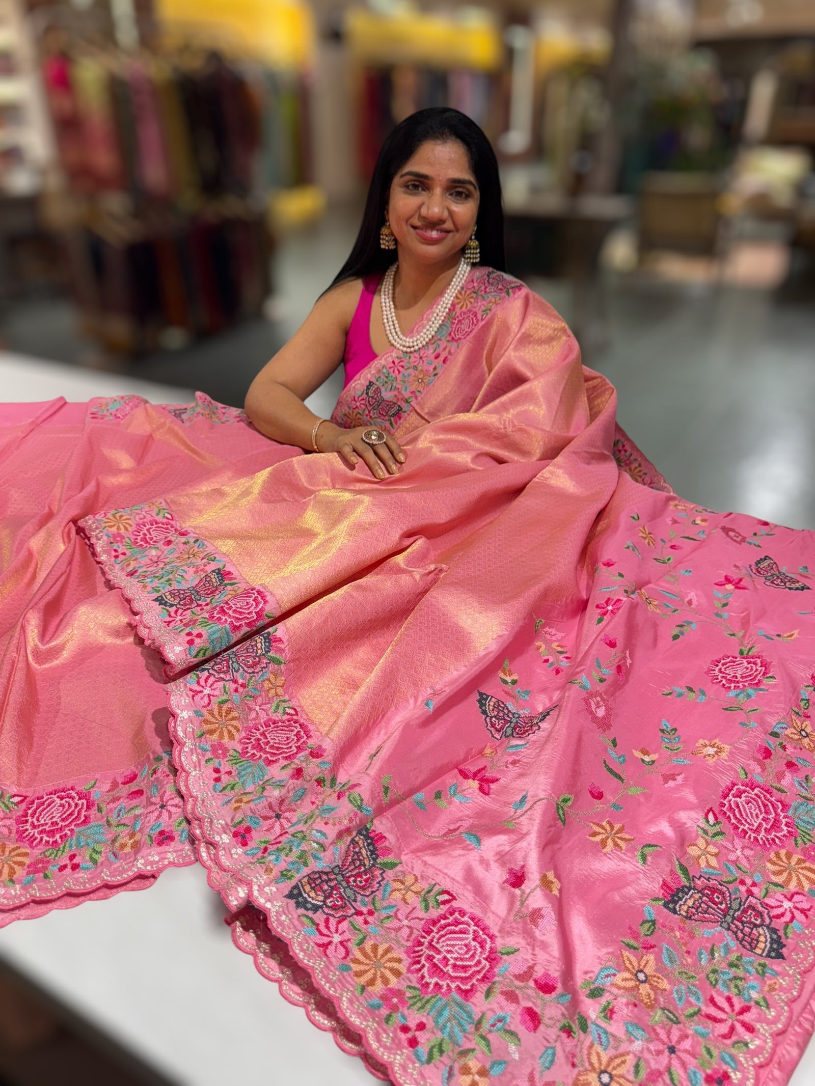 Coral Pink Kanjeevaram Brocade Saree with Petite Point Embroidered Border