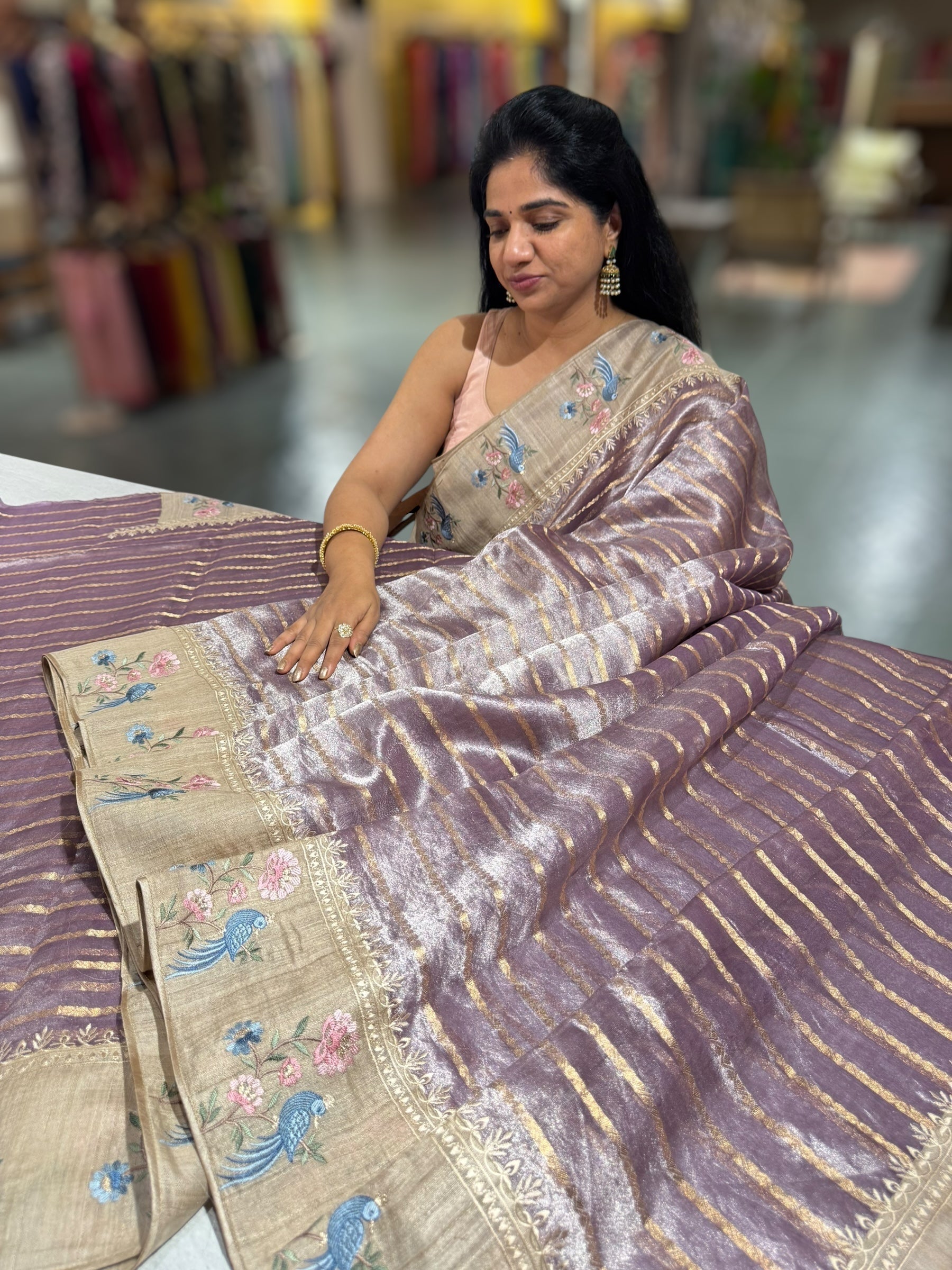 Mauve Pure Handloom Tissue Saree with pure Tussar embroidered border