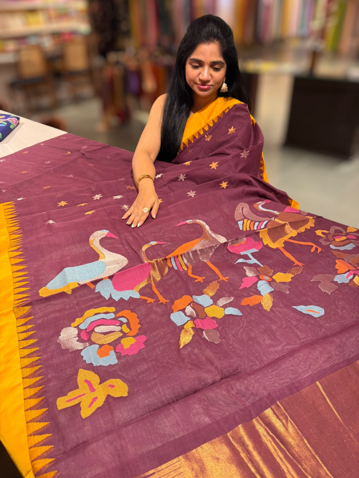 Winish Brown  Pure  handloom Ponduru Khadi jamdani Saree with swan pallu