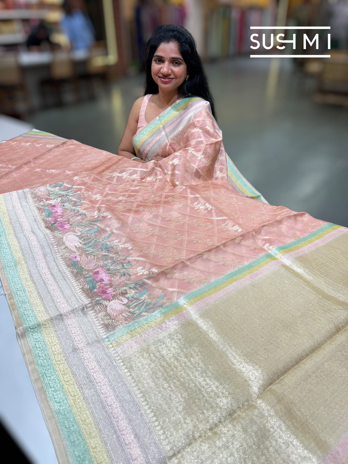 Peach Pink Designer Kora Banarasi Saree: S62F231