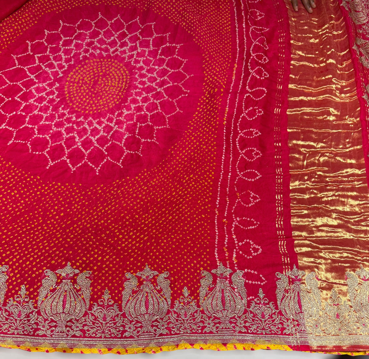Reddish Pink Designer Rai Bandhej Saree With Embroidered Border