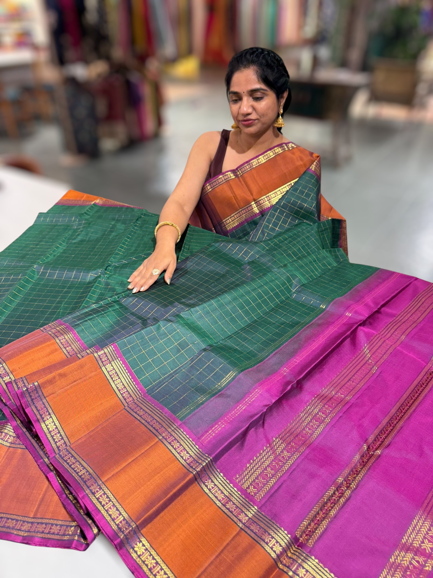 Bottle Green and majenta fysl tone Kanchi vintage checks saree with Gap Border