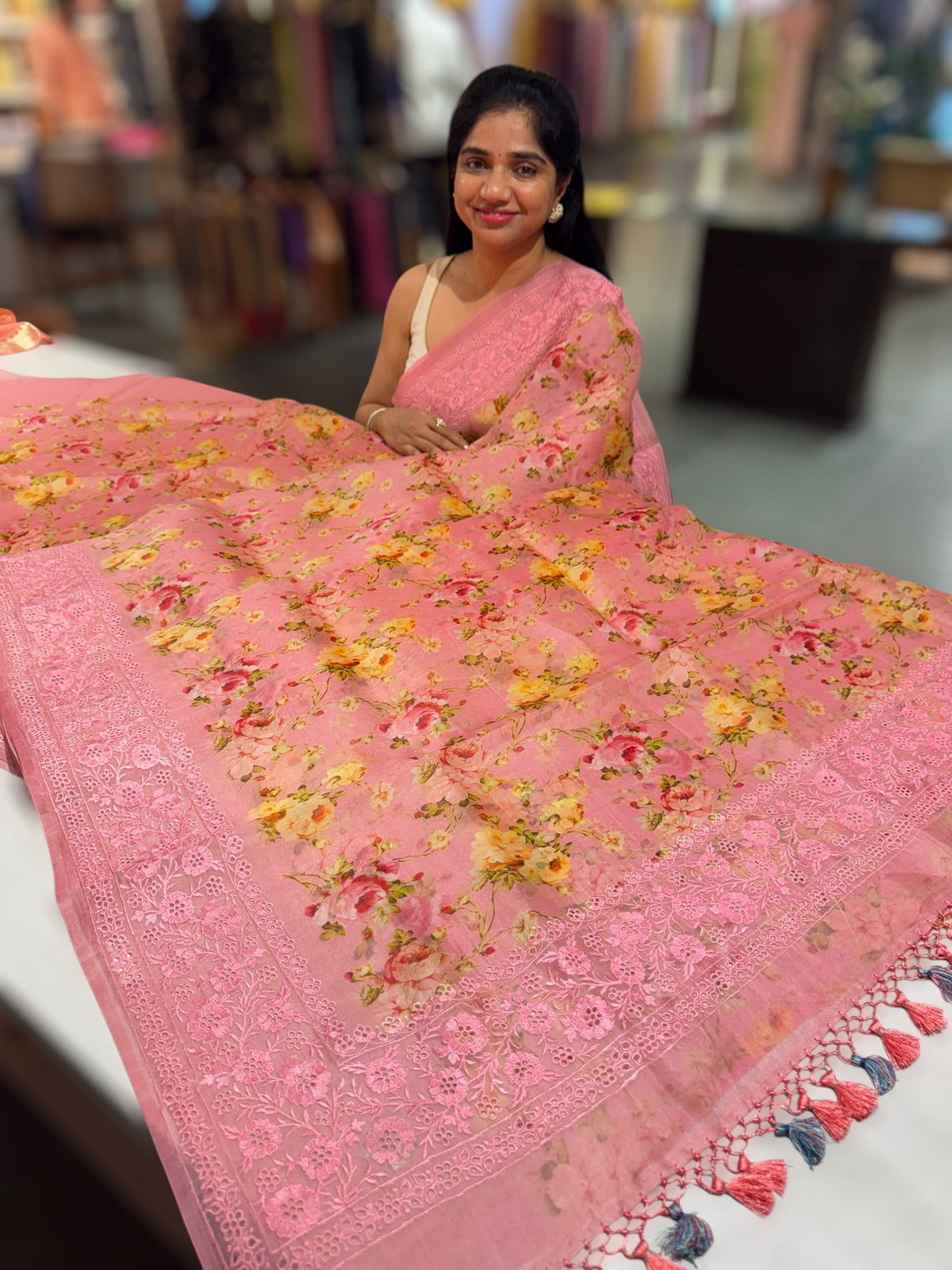 Rose pink floral Organza saree