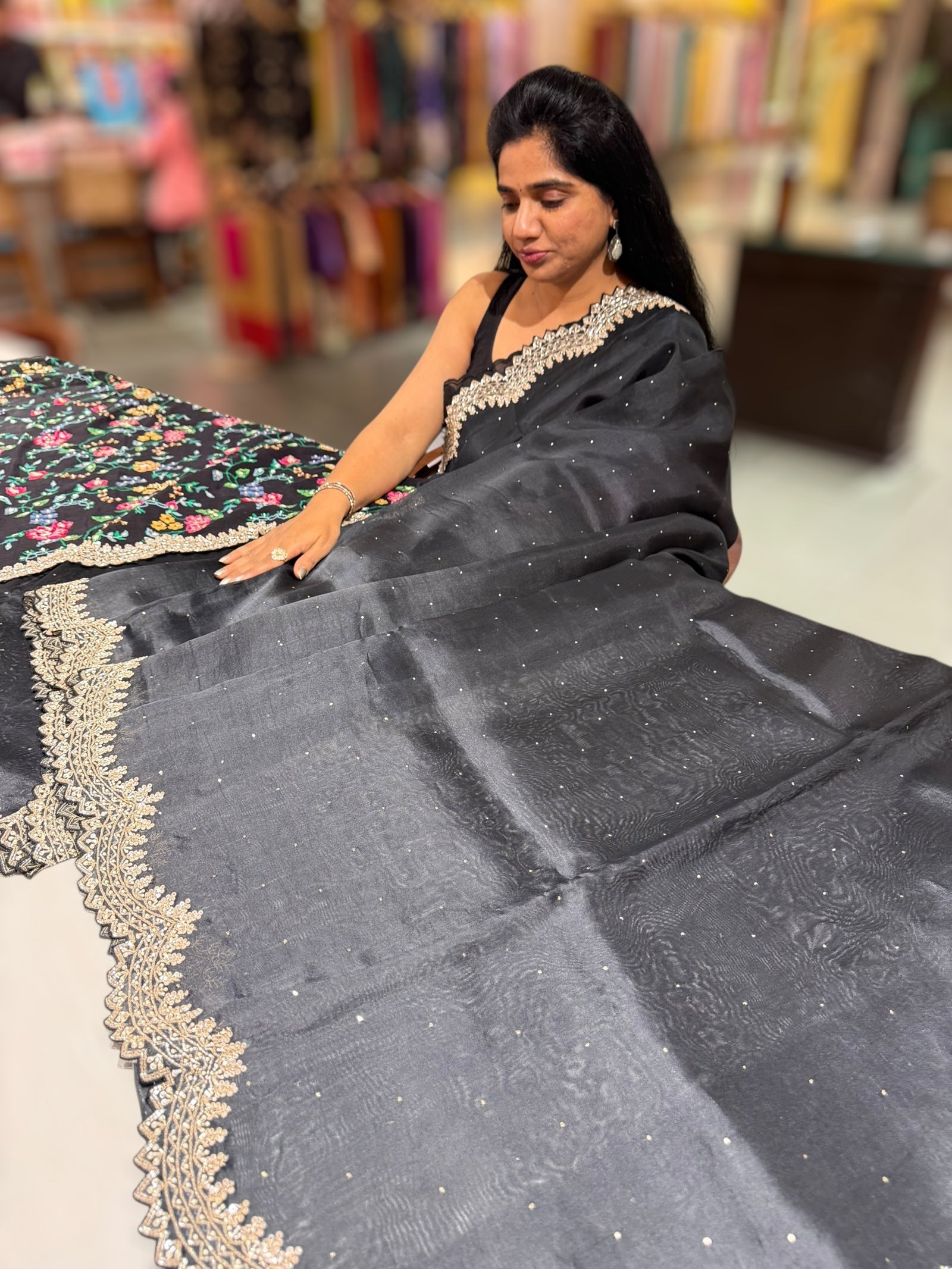 Black Pure Organza Handwork Saree with heavy Designer Blouse