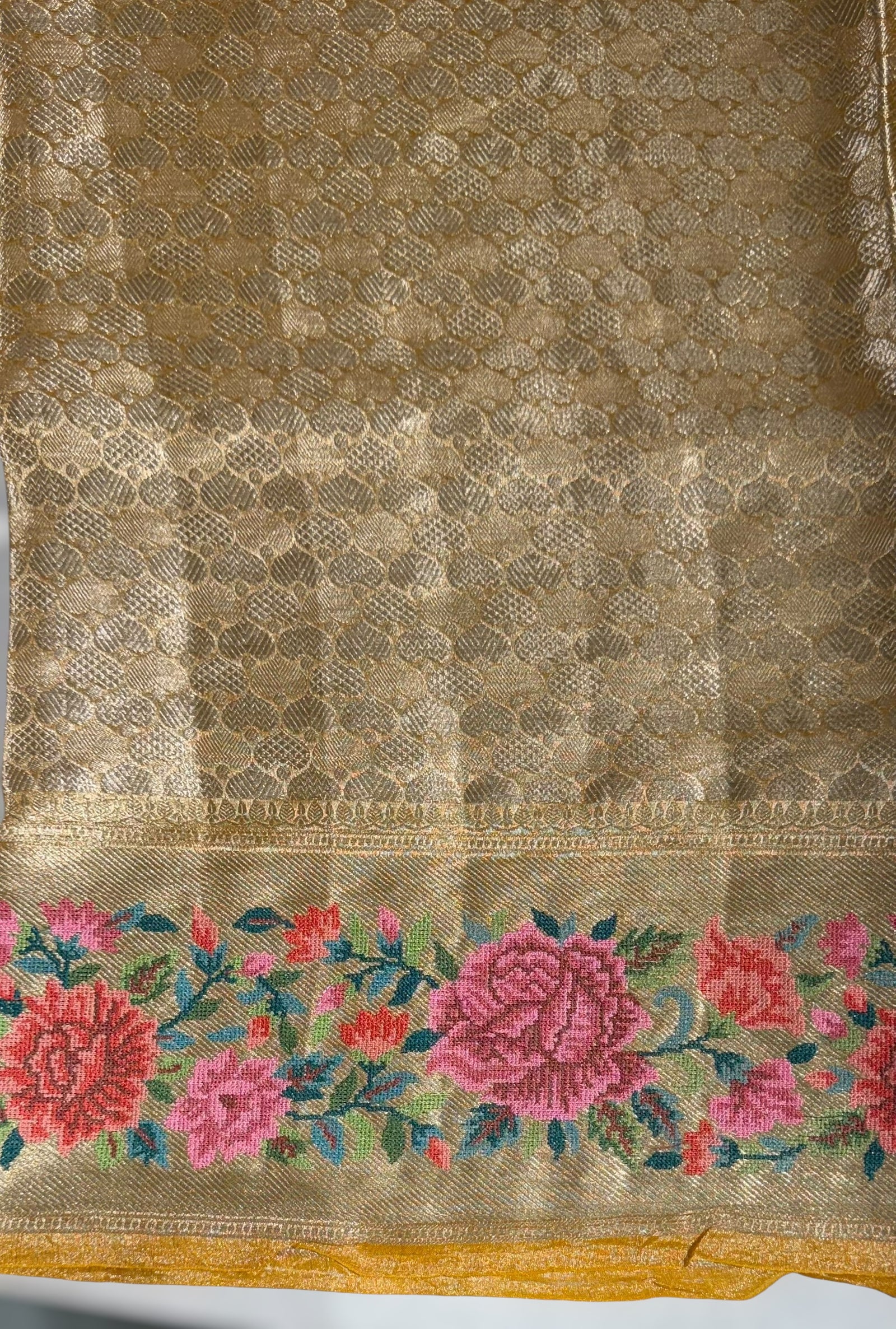 Mustard Banarasi Tissue Brocade Saree with Petite Point Embroidered Border