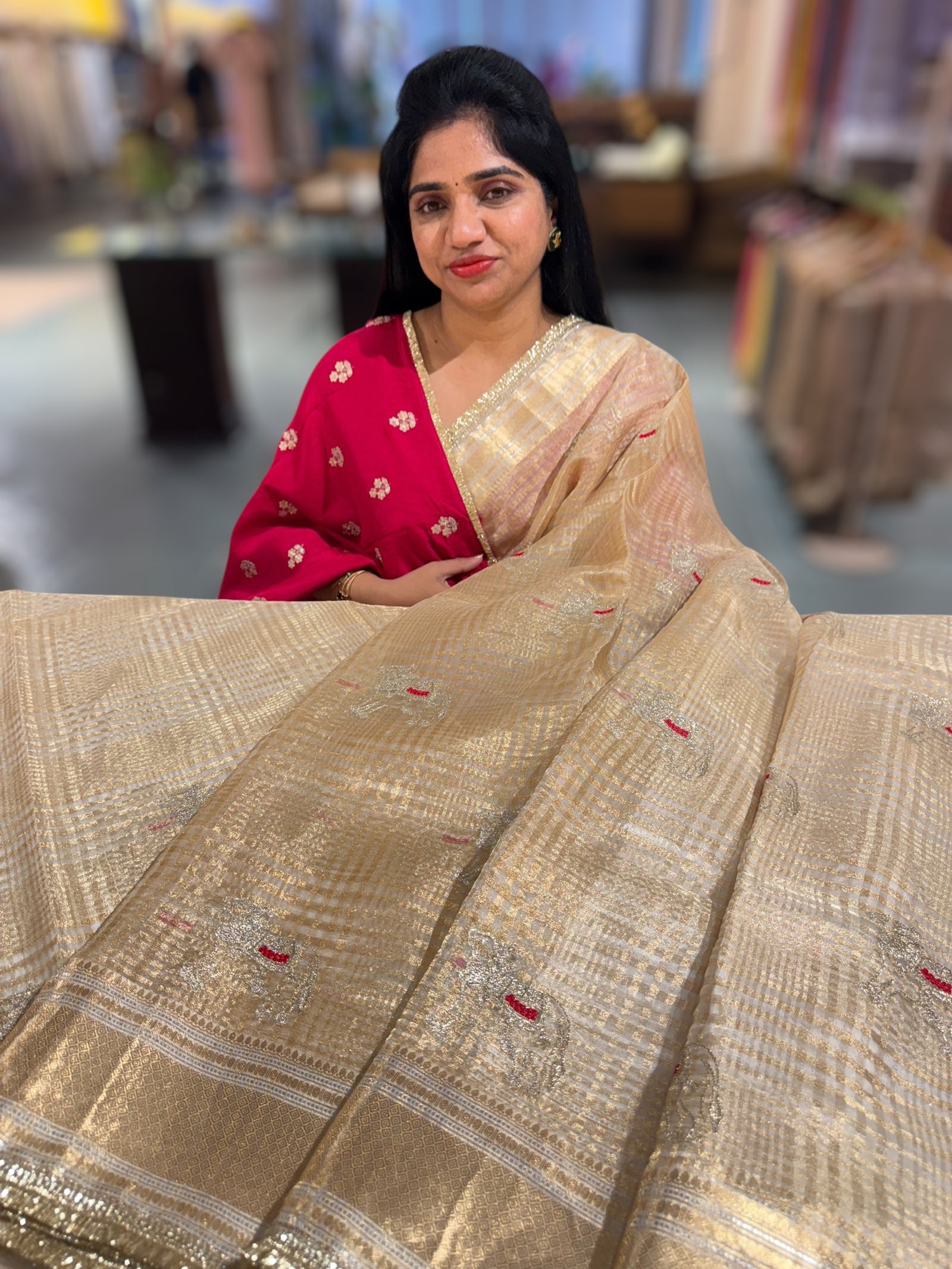 Beige Banarasi Kora Tissue Checks Saree with nandi motifs