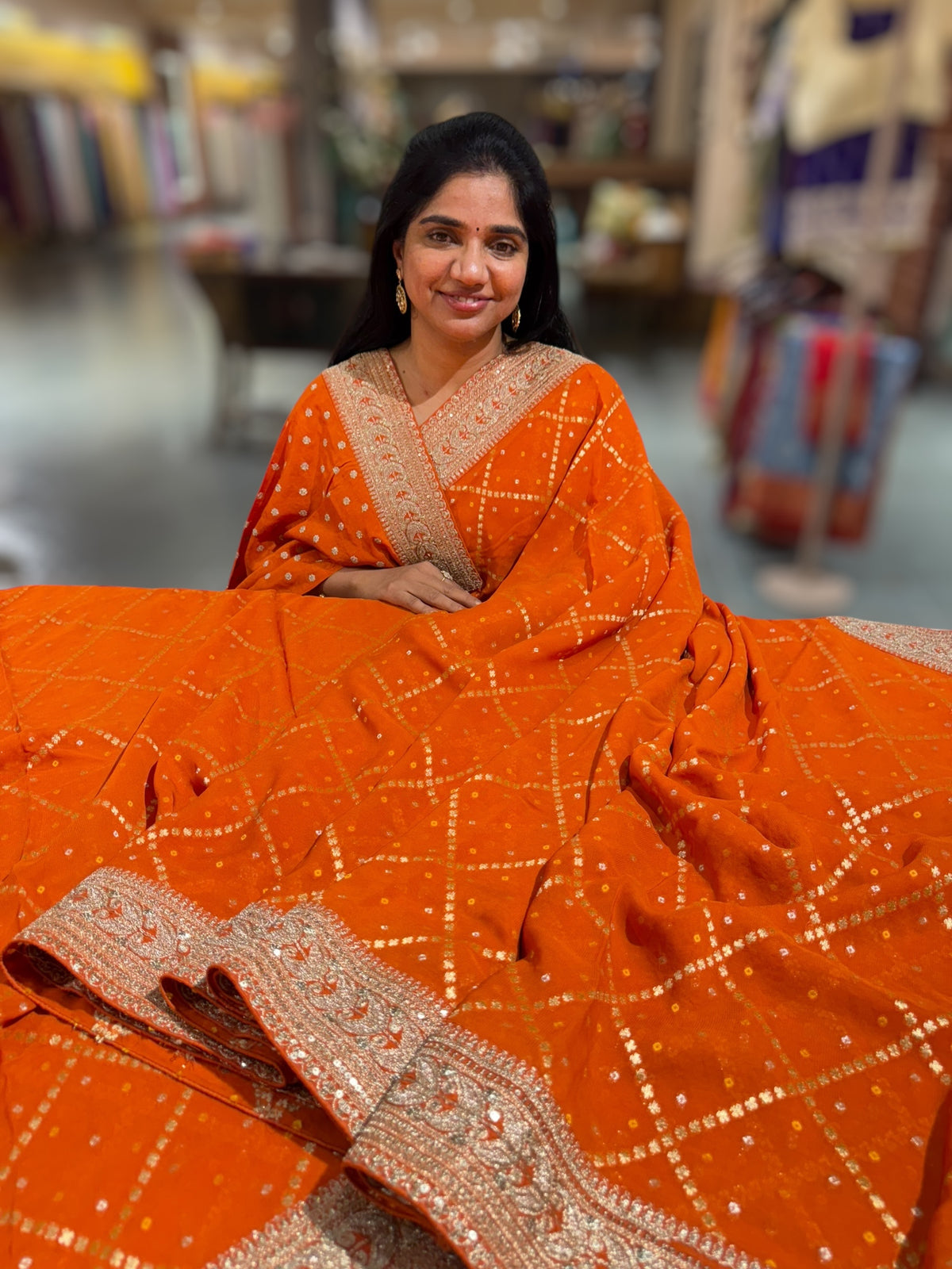 Orange Fancy Banarasi Bandhini georgette saree with sabhyasachi borders and blouse