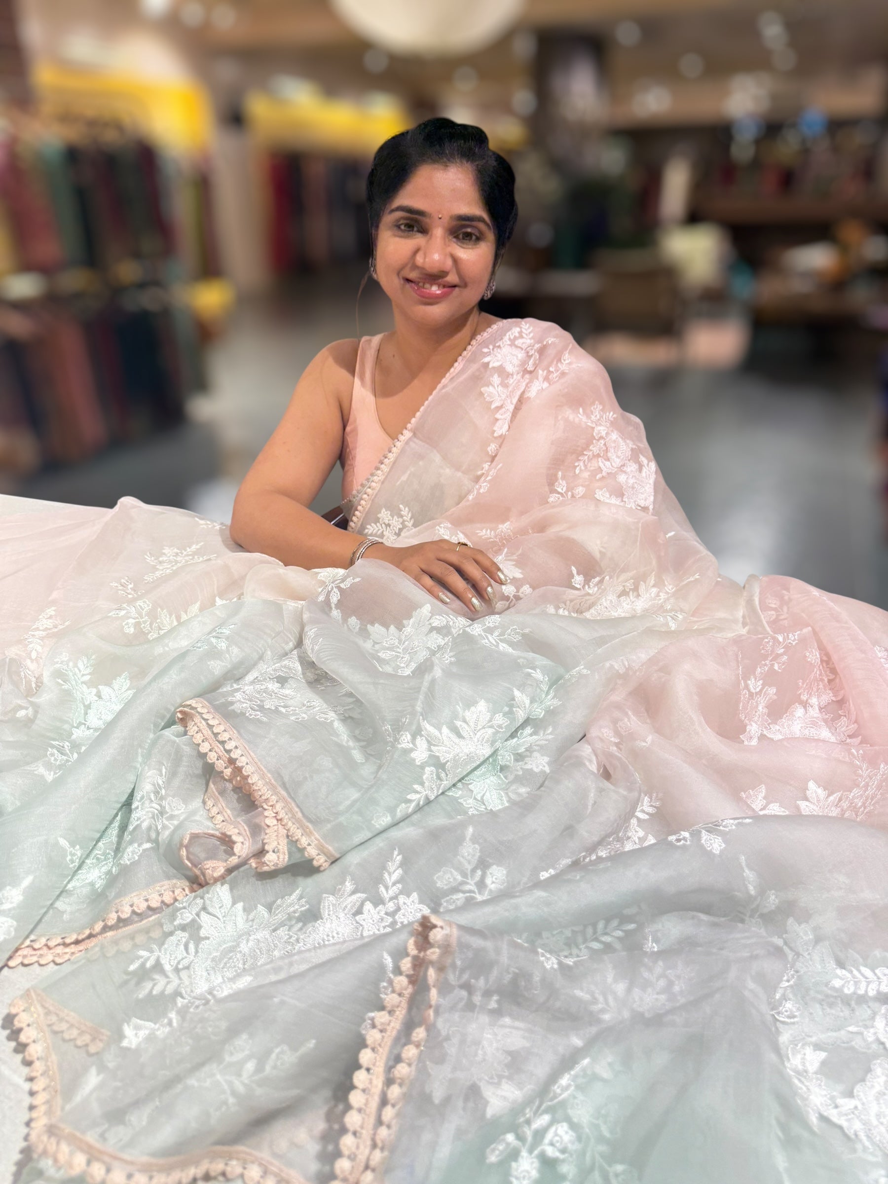Pure Muslin Ombre Dyed Saree With allover Embroidery