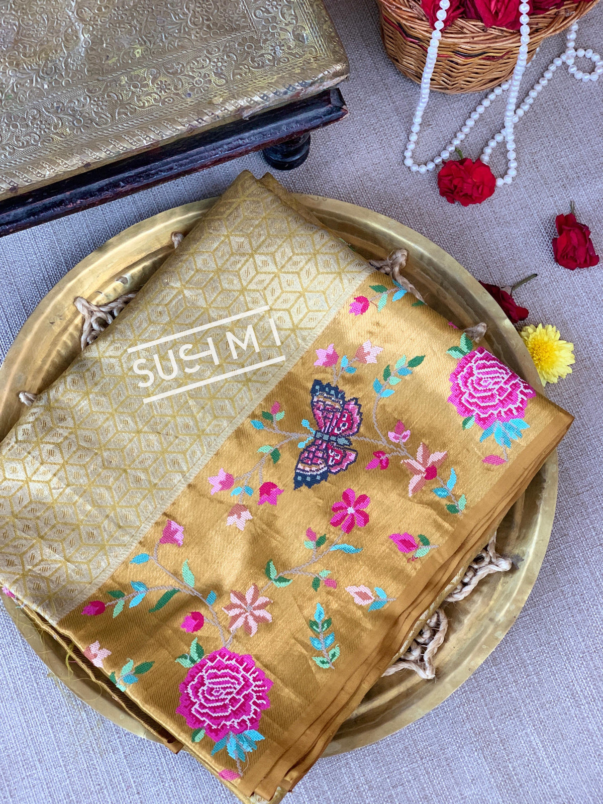 Gold Kanjeevaram Tissue Sareewith petite point embroidery : S62F085