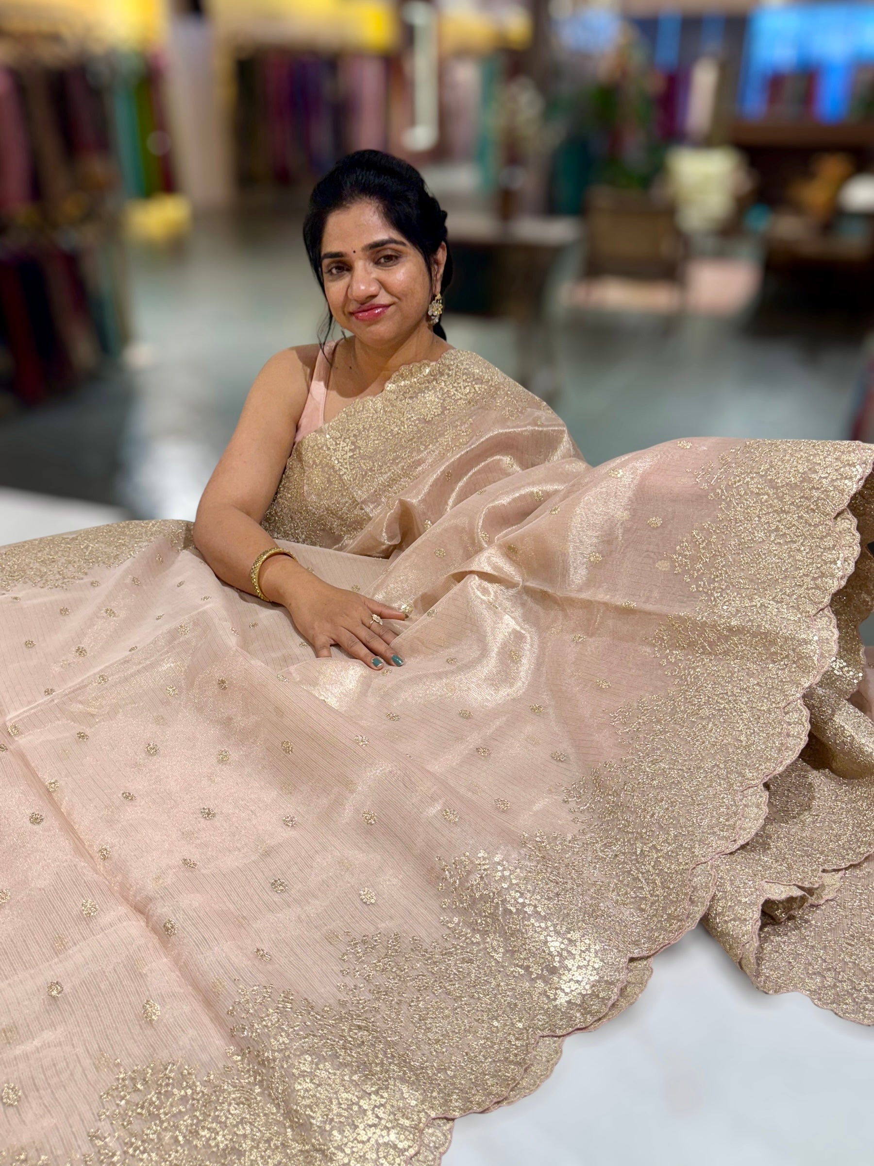 Pastel Pink Tissue Saree with Heavy Sequence Embroidered Scallop Border