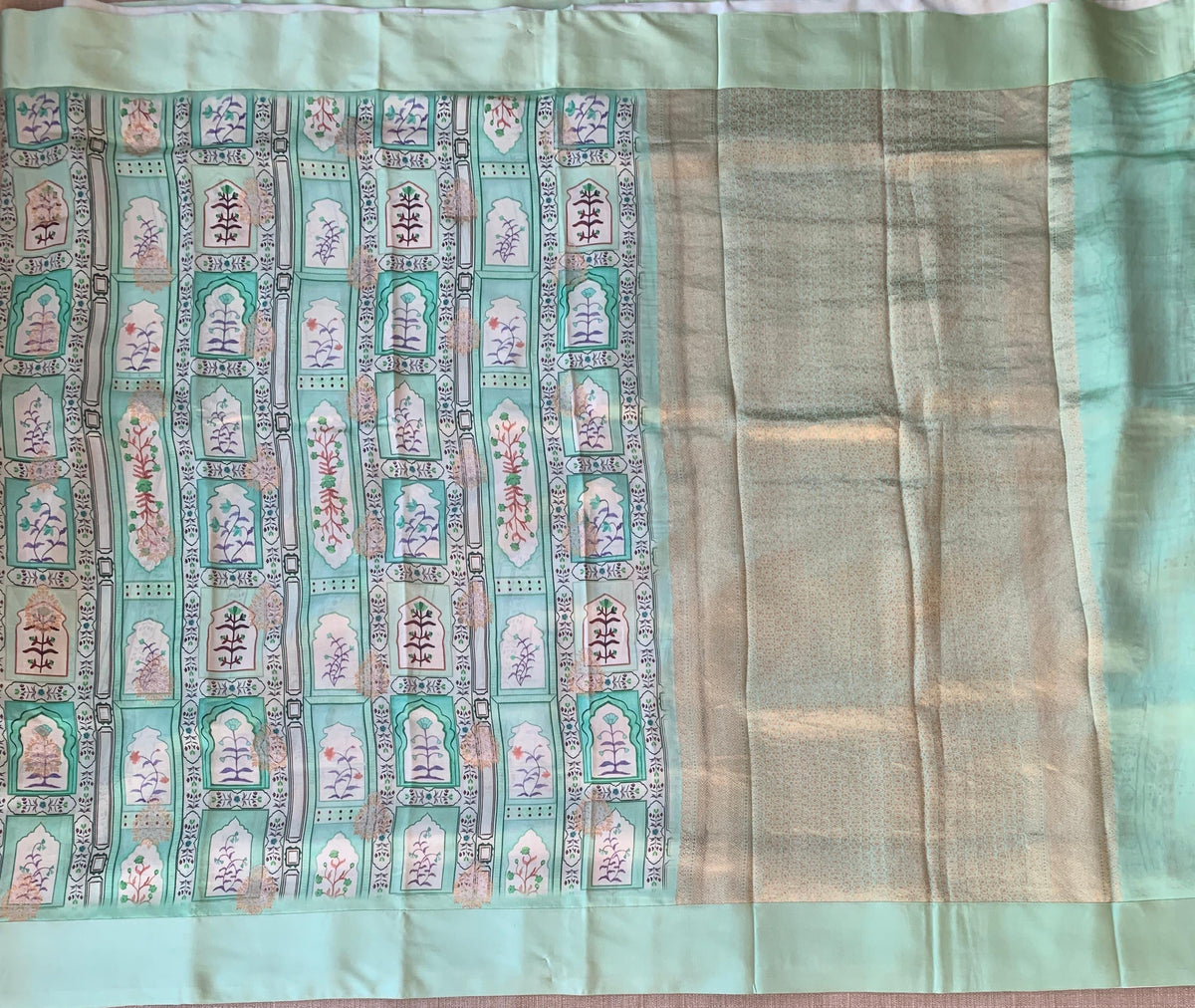 Mint Green Soft Silk Saree with patola style print and mashru borders
