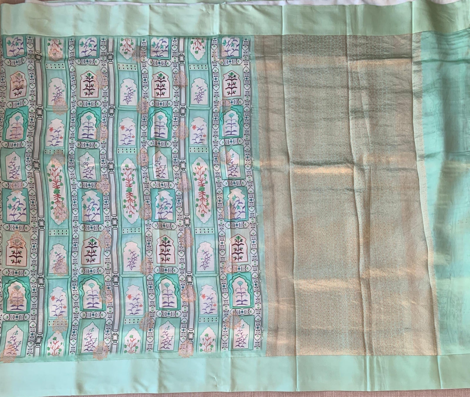 Mint Green Soft Silk Saree with patola style print and mashru borders