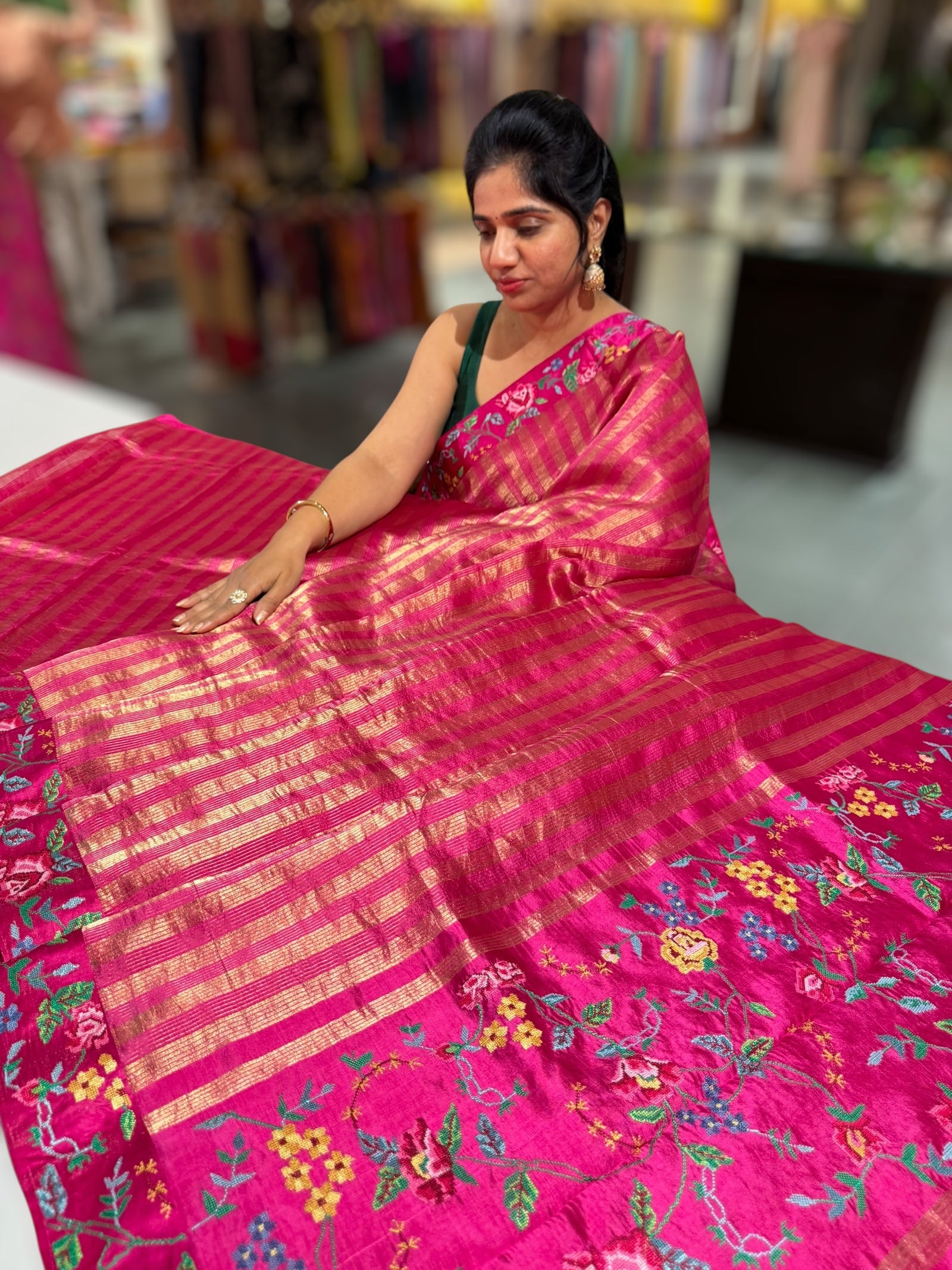 Dark Pink Banarasi Tissue stripes Saree with petite point embroidery