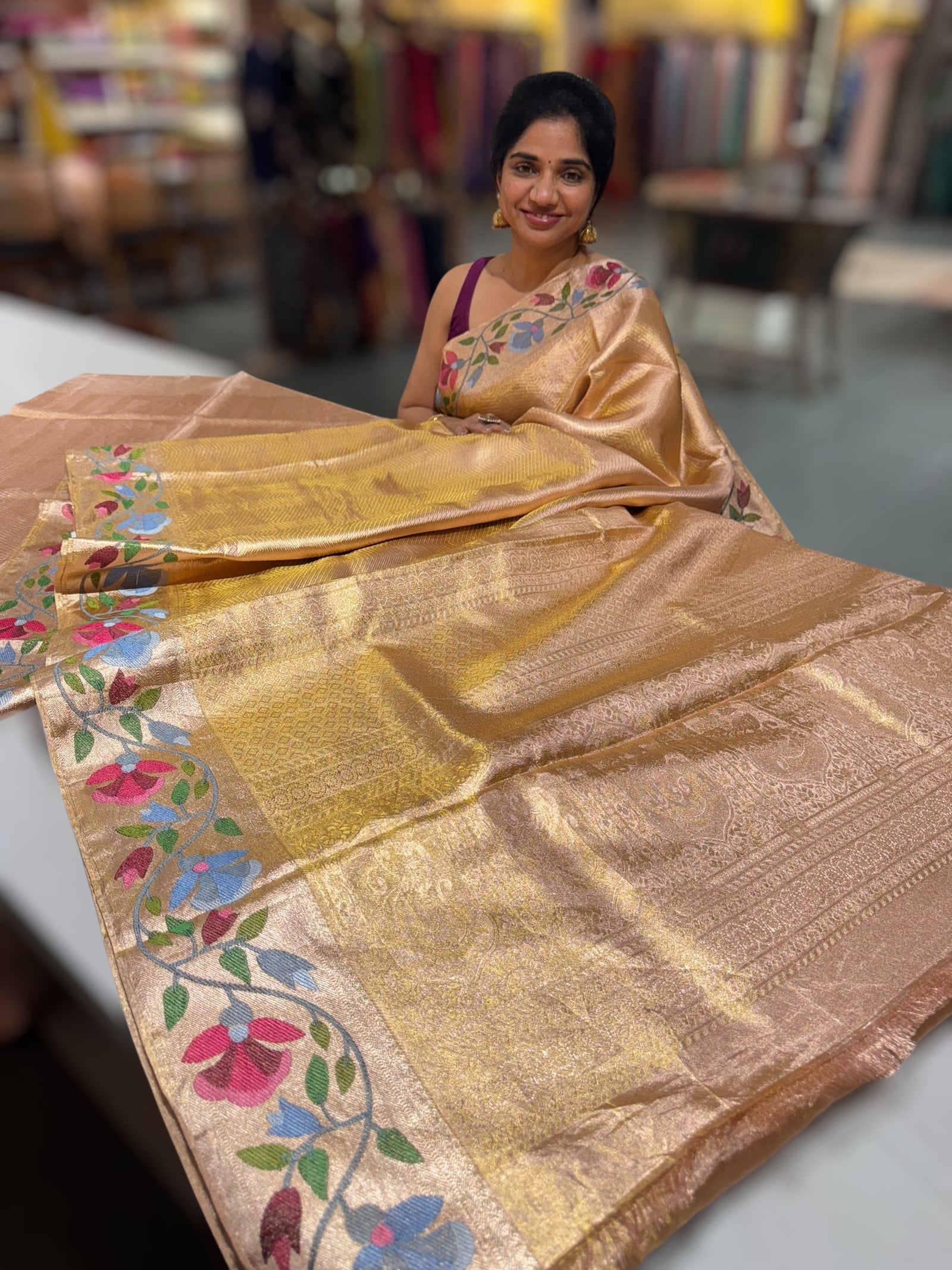 Rose Gold Kanchi Tissue Brocade Saree With jamdani inspired embroidery.