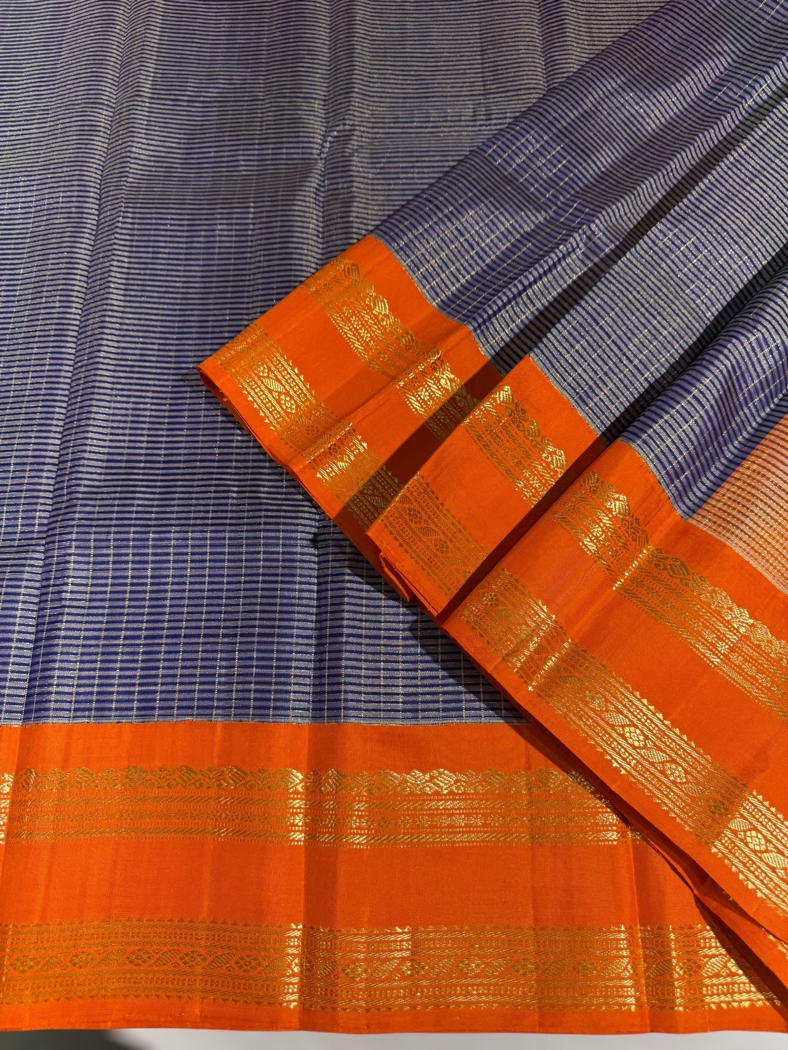 Blue & Orange Combo Vintage Checks Gap Border Kanjeevaram Saree