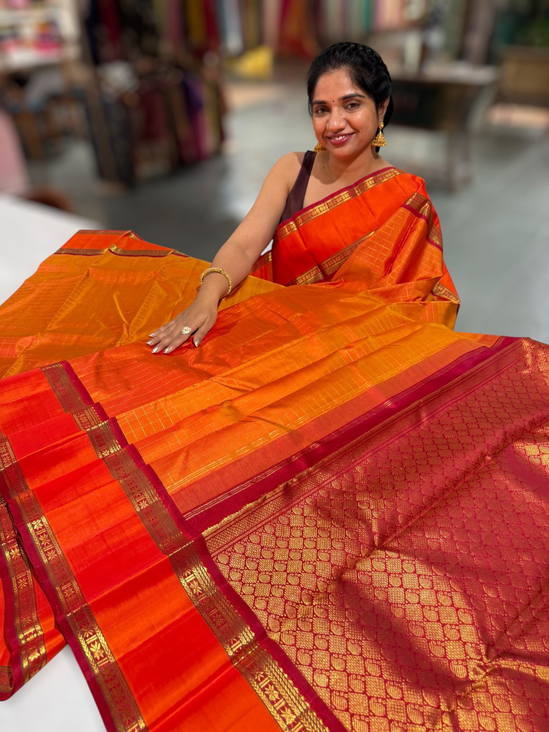 Orangish Mustard Dual Tone Kanchi vintage checks saree with Gap Border