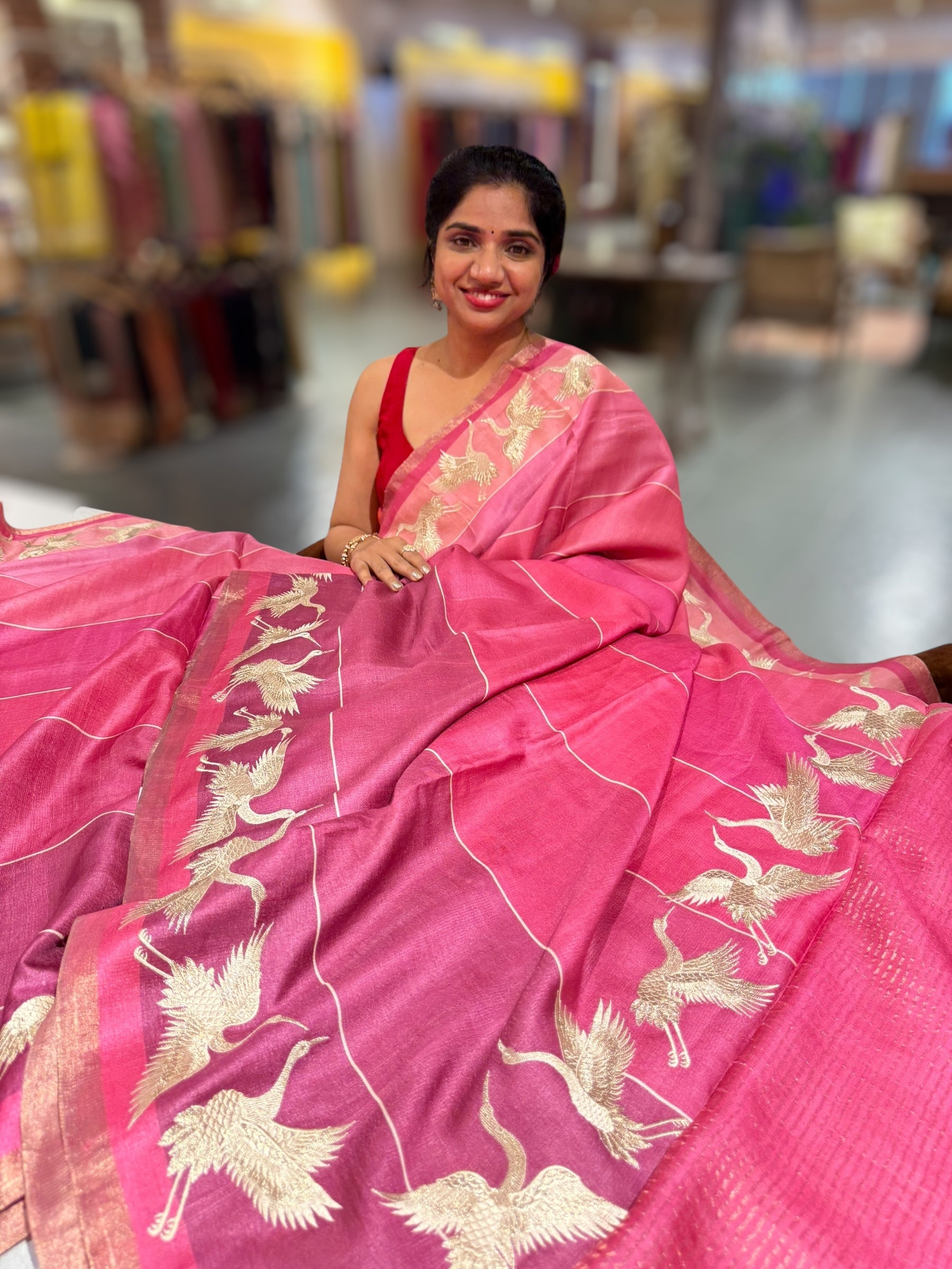 Tussar Rangkaat Saree With Crane Bird  Embroidered Border