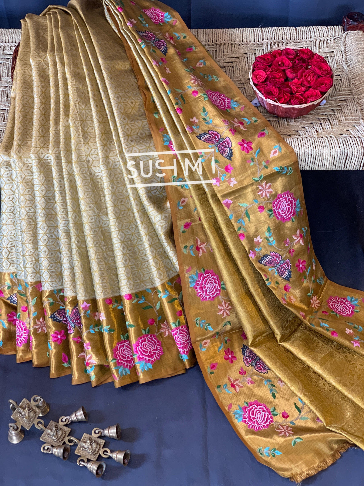 Gold Kanjeevaram Tissue Sareewith petite point embroidery : S62F085