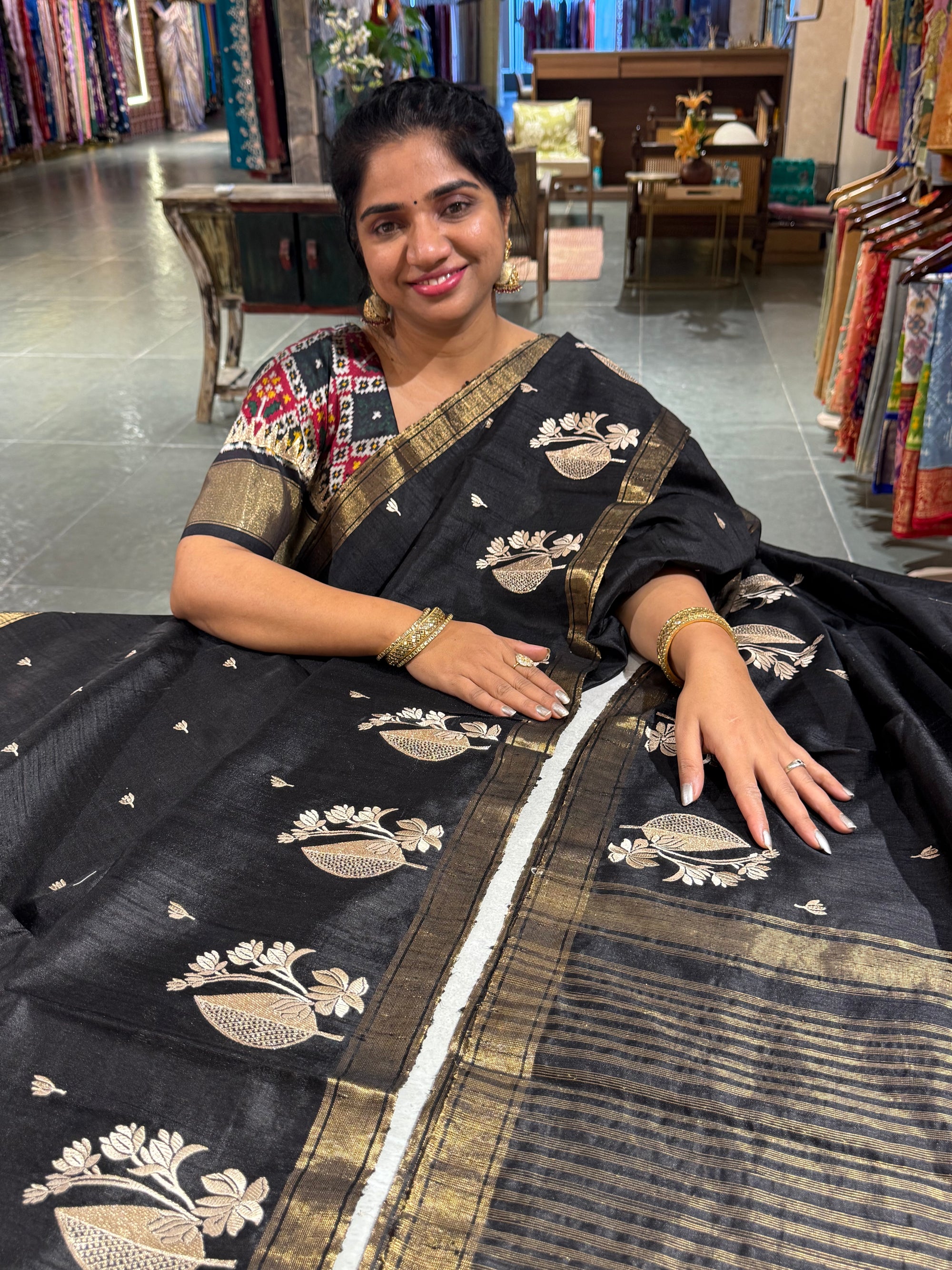 Black Pure Handloom Raw Silk Saree