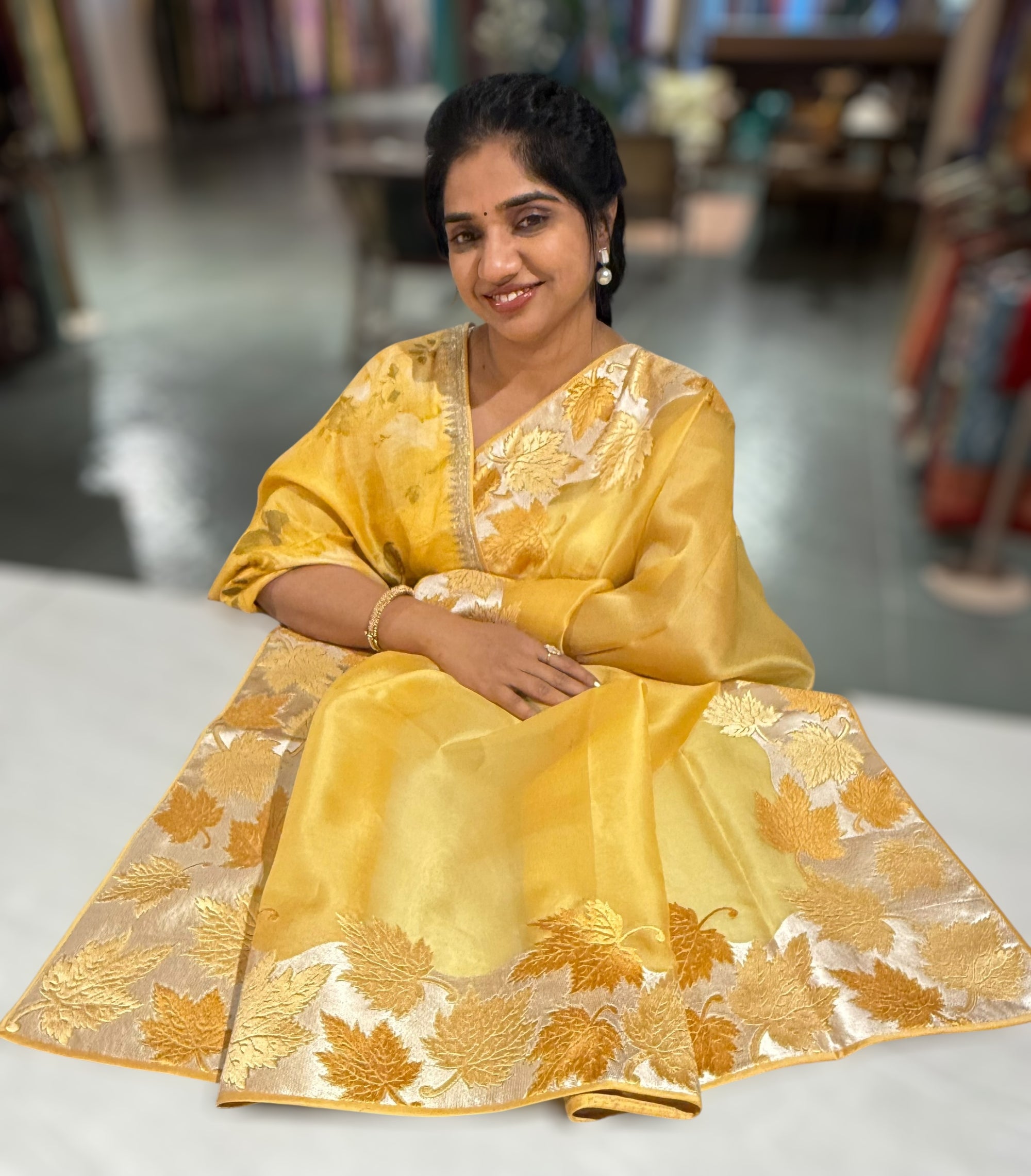 Yellow Organza Saree with Stunning Leaf Embroidered Border