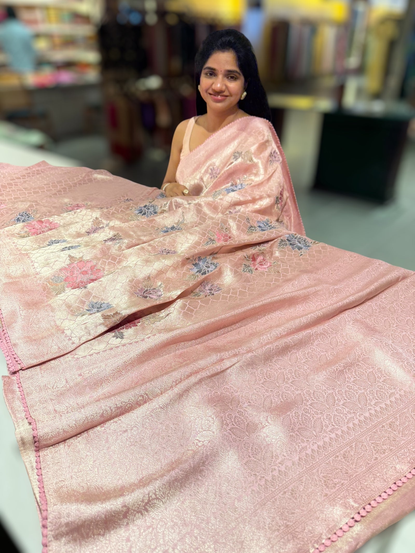 Light Rose Pink Banarasi Brocade tissue saree with allover floral embroidery