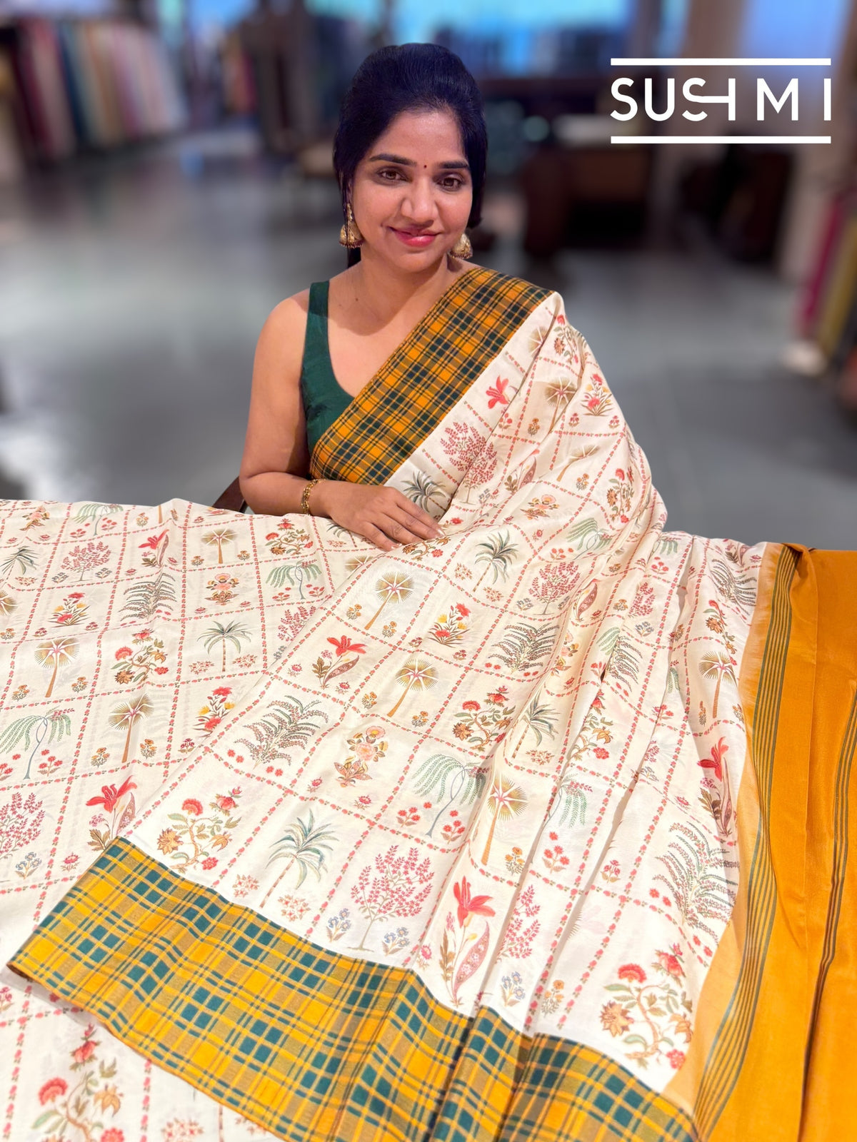 Ivory printed soft silk saree with burberry checks border : D62F034