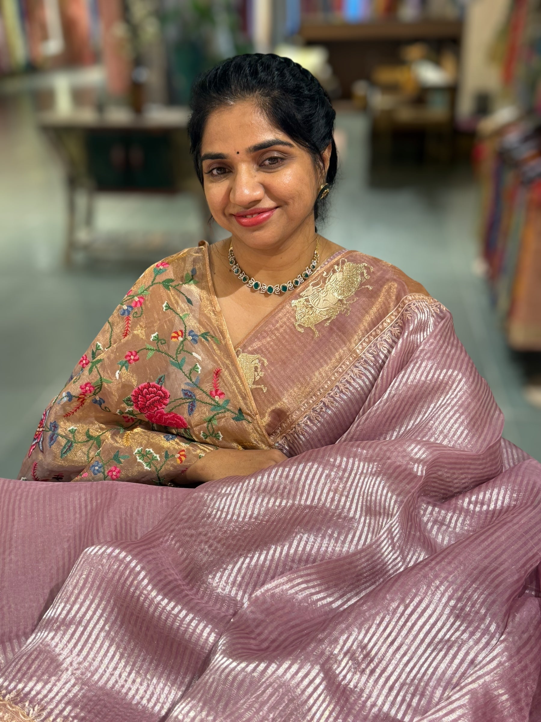 Lilac Kora tissue stripes Saree with Nandi embroidered tissue border